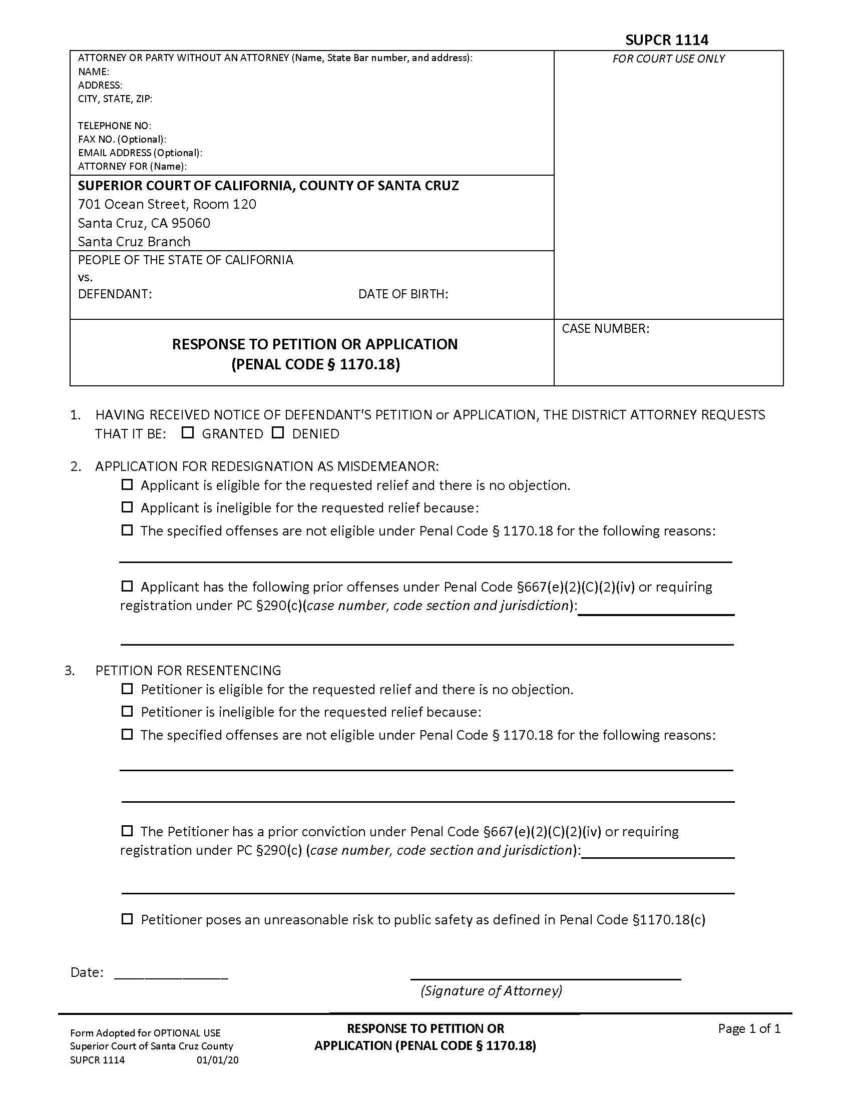 Response To Petition Or Application {SUPCR-1114} | Pdf Fpdf Doc Docx | California