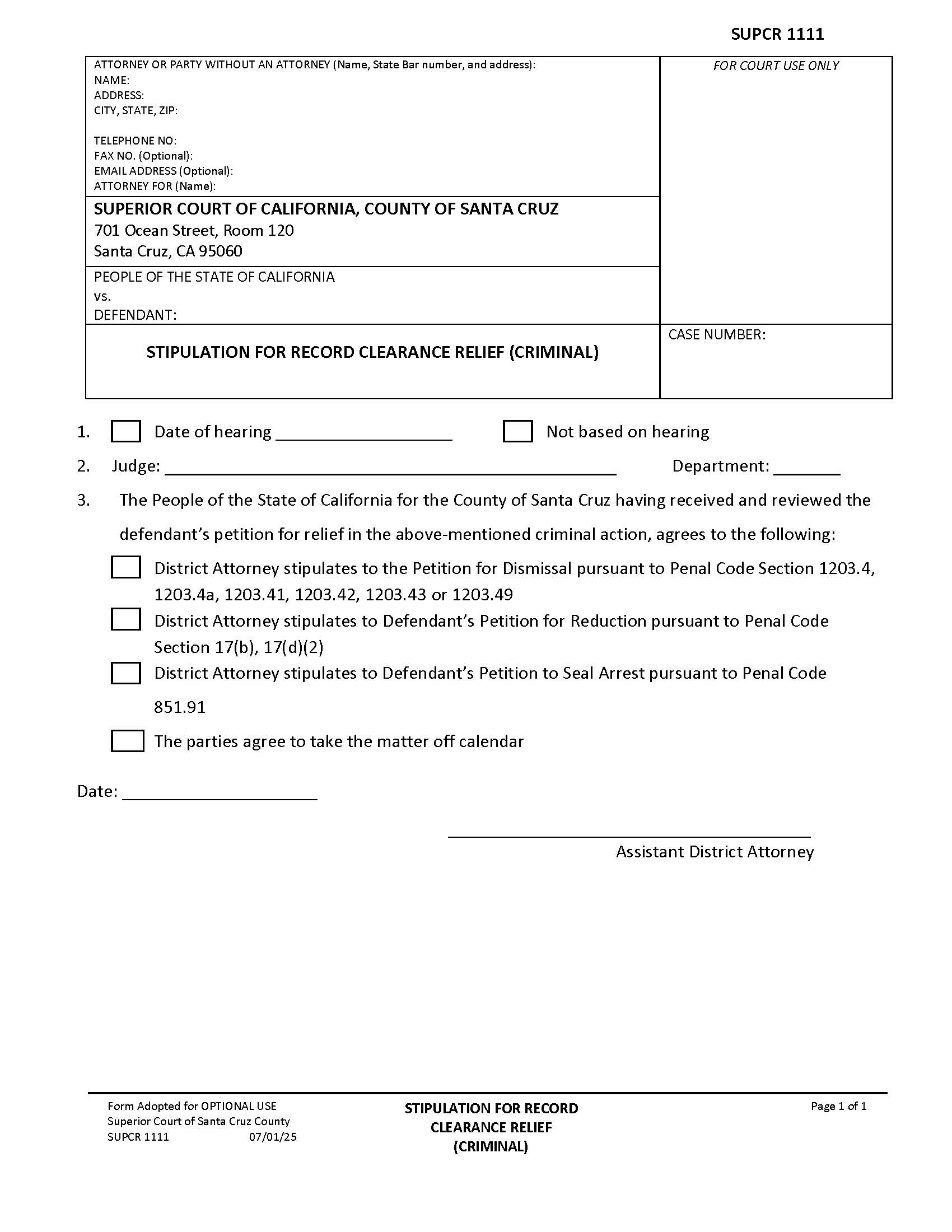 Stipulation For Record Clearance Relief {SUPCR-1111} | Pdf Fpdf Docx | California