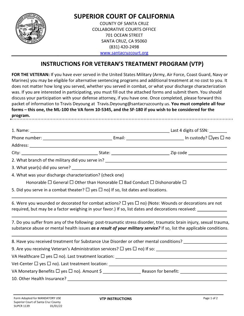 Veterans Treatement Program Instructions {SUPCR 1139} | Pdf Fpdf Docx | California