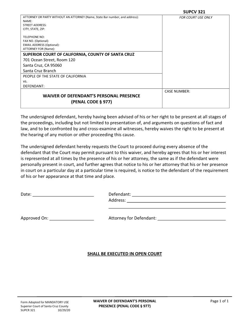 Waiver Of Defendants Personal Appearance {SUPCR-321} | Pdf Fpdf Docx | California