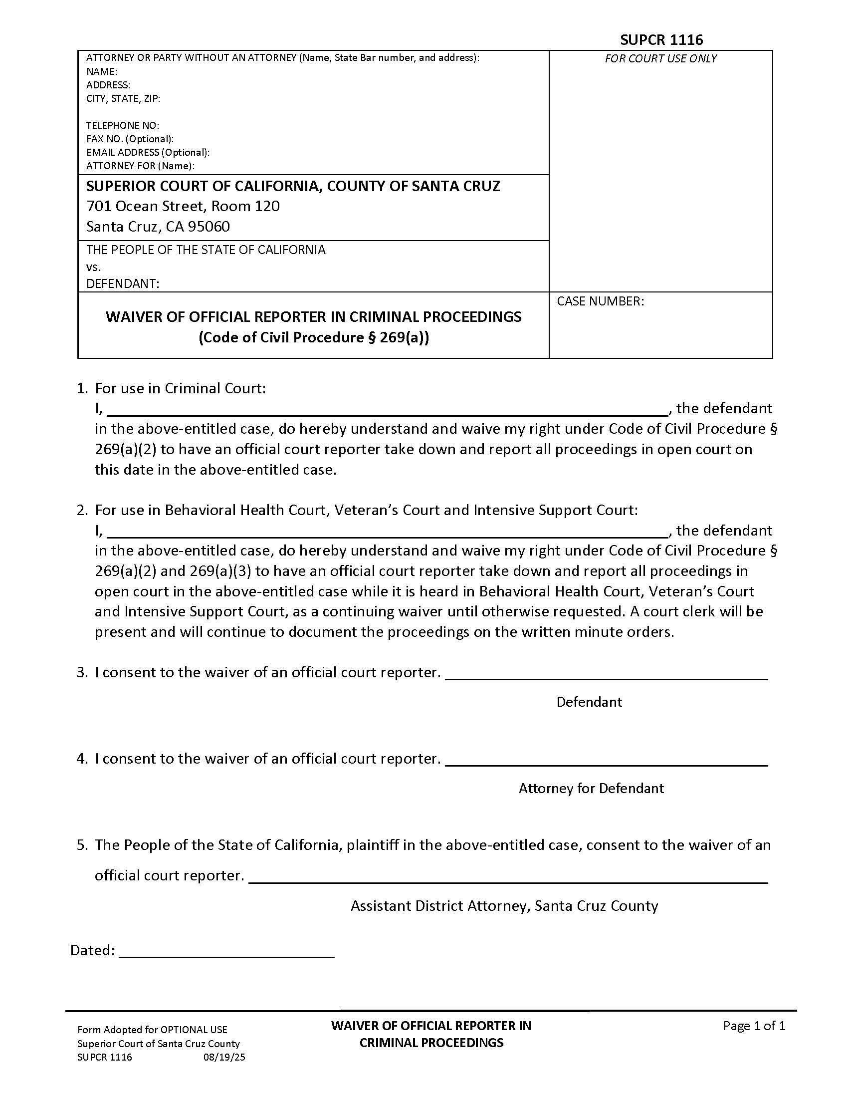 Waiver Of Official Reporter In Felony Proceedings {SUPSCR-1116} | Pdf Fpdf Docx | California