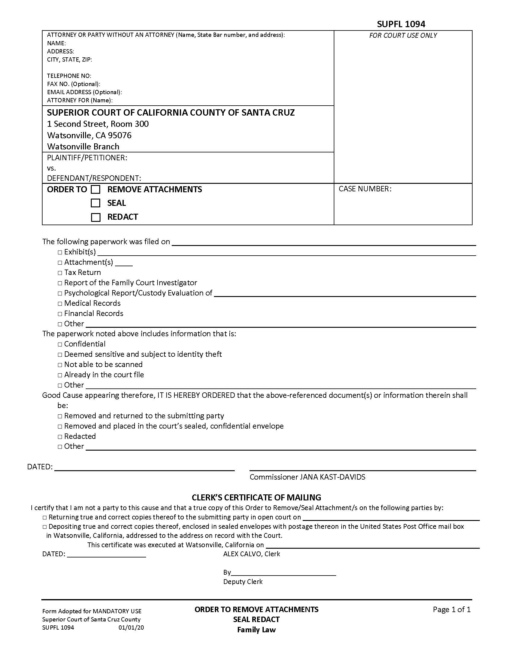 Order To Remove Attachments Seal Dedact {SUPFL-1094} | Pdf Fpdf Docx | California