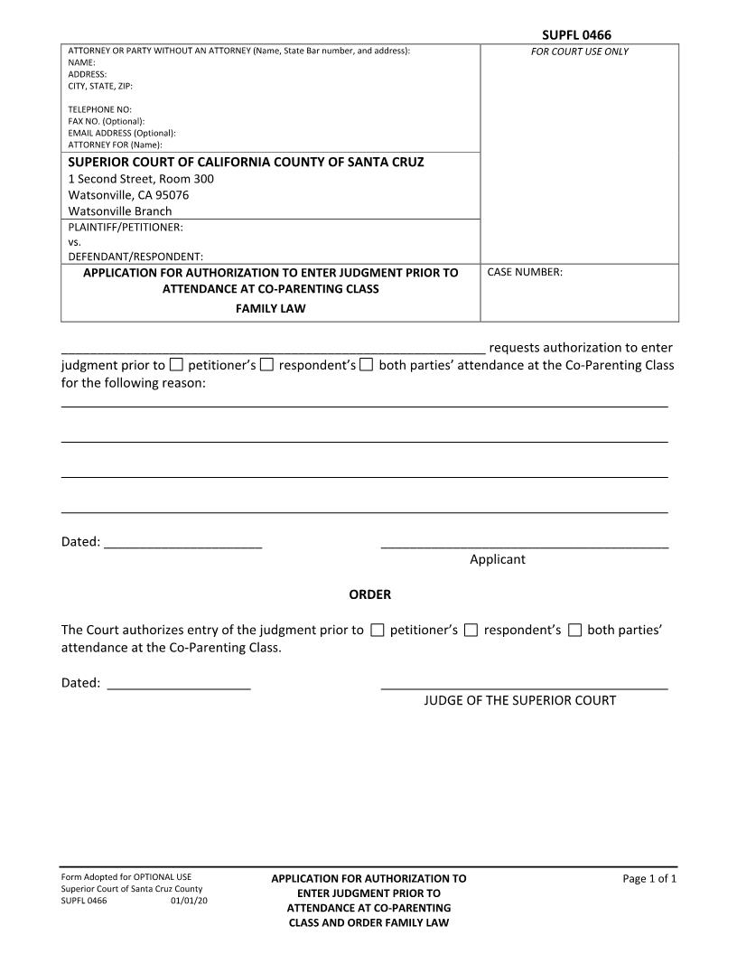 Application For Authorization To Enter Judgment Prior To Attendance At Co Parenting Class {SUPFL-466} | Pdf Fpdf Docx | California