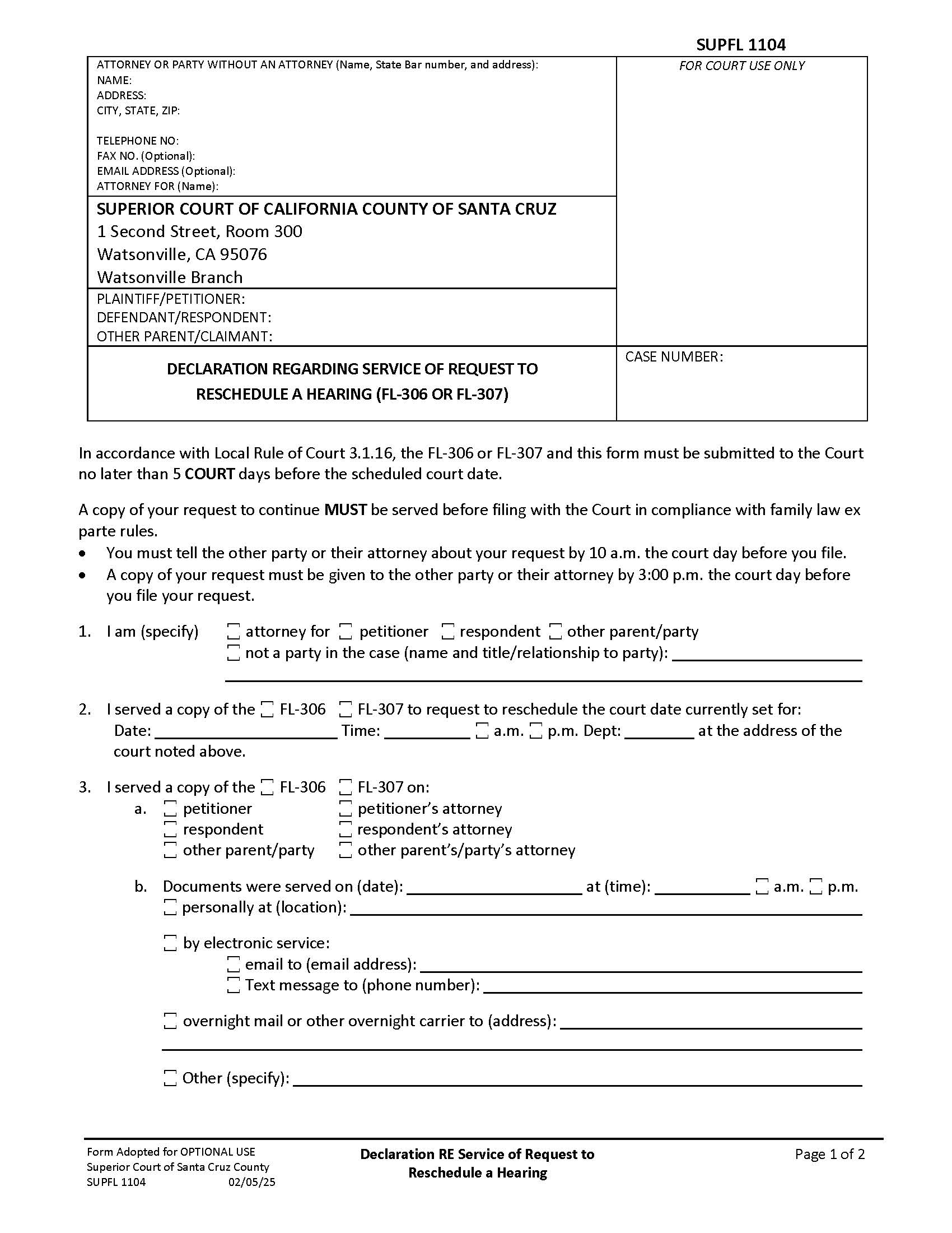 Declaration Of Service For FL-306 Or FL-307 {SUPFL-1104} | Pdf Fpdf Docx | California