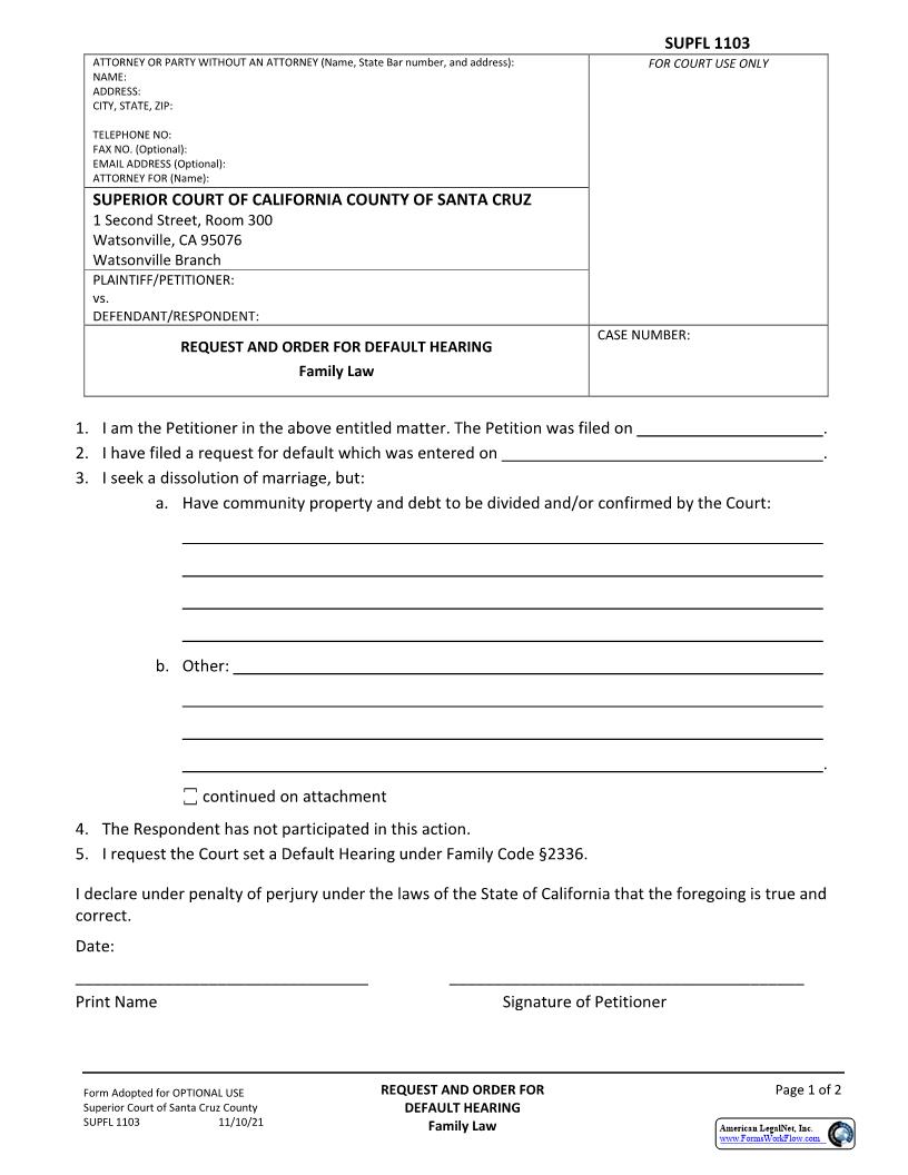 Request And Order For Default Hearing {SUPFL-1103} | Pdf Fpdf Docx | California