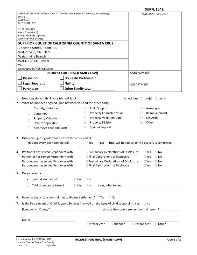 Request For Trial (Family Law) {SUPFL-1042} | Pdf Fpdf Docx | California