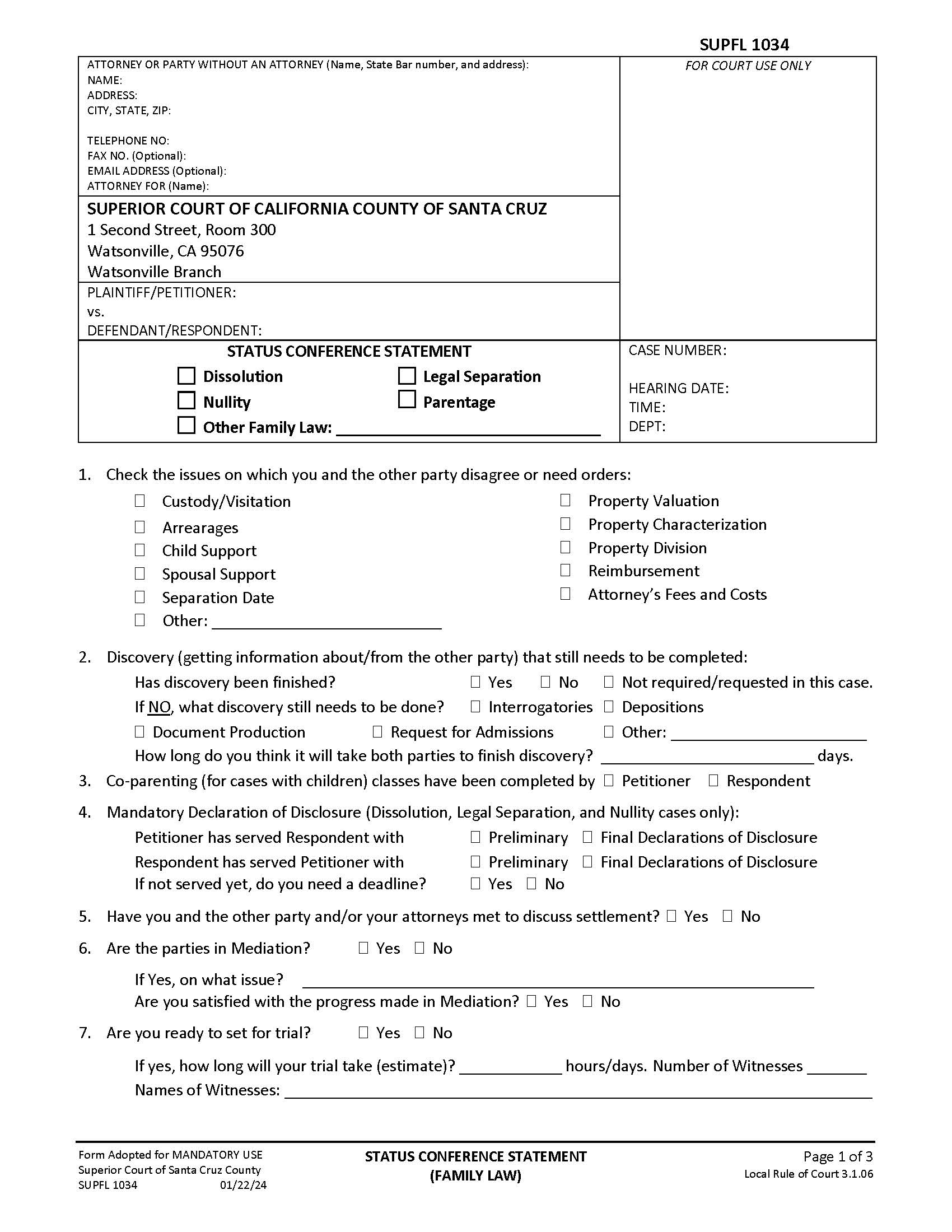 Status Conference Statement (Family Law) {SUPFL-1034} | Pdf Fpdf Docx | California
