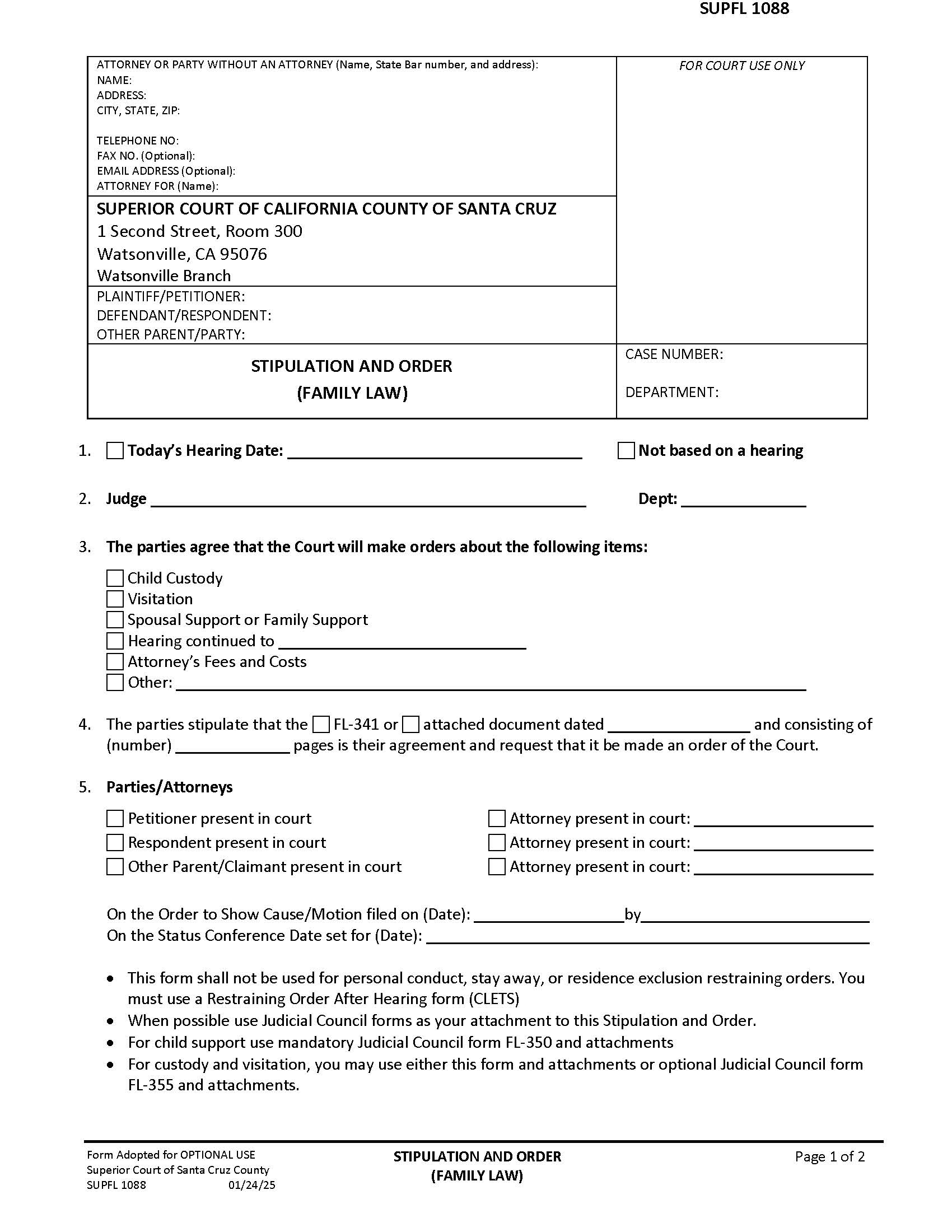 Stipulation And Order {SUPFL-1088} | Pdf Fpdf Docx | California