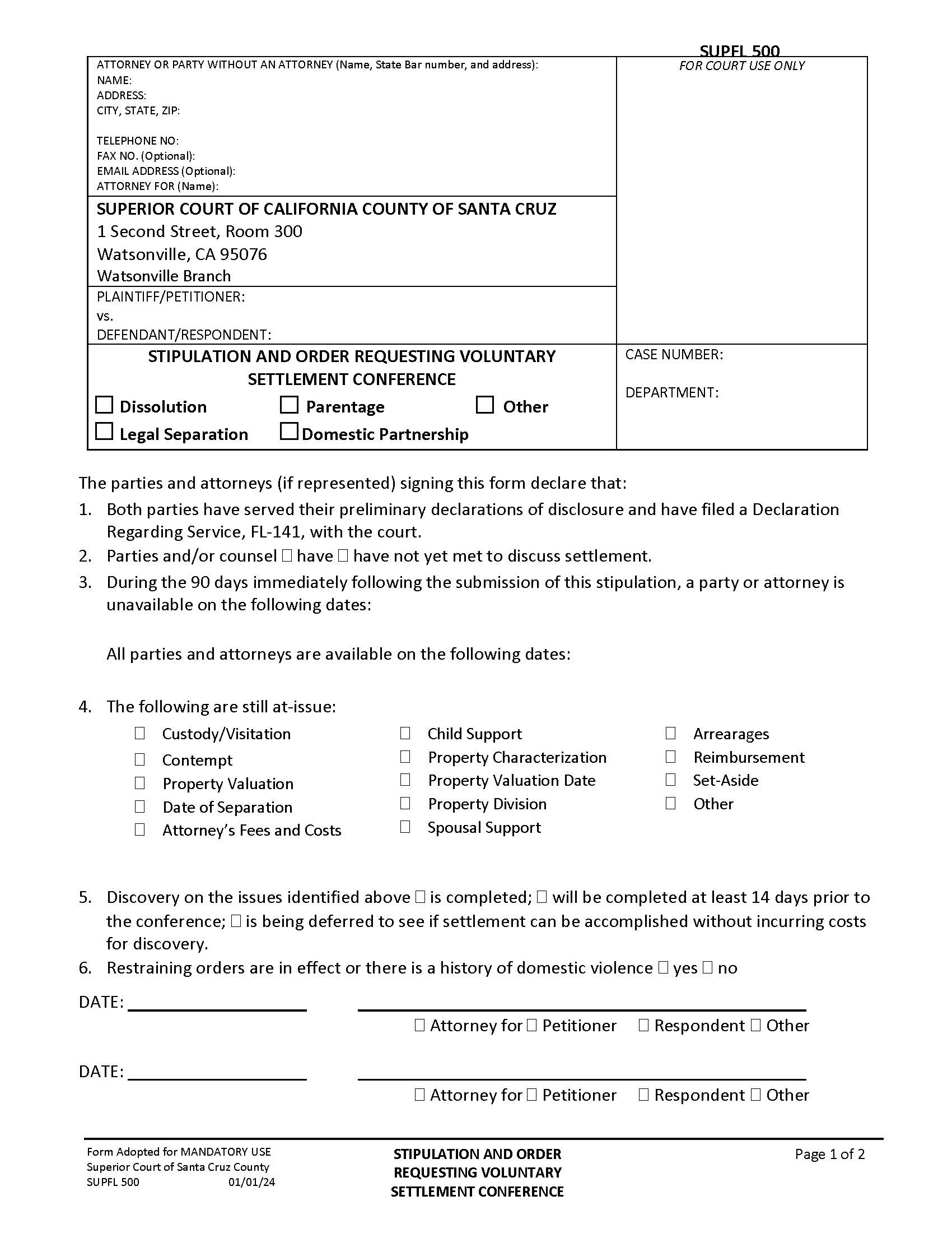 Stipulation And Order Request For Continuance Of Settlement Conference {SUPFL-500} | Pdf Fpdf Docx | California