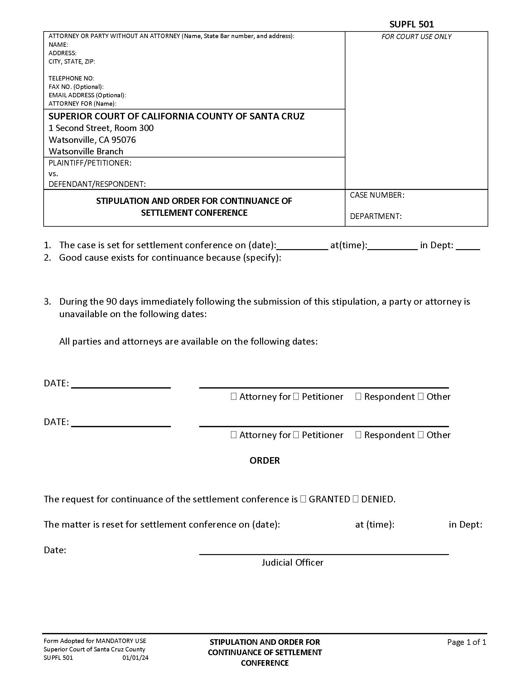 Stipulation And Order Requesting Voluntary Settlement Conference {SUPFL-501} | Pdf Fpdf Docx | California
