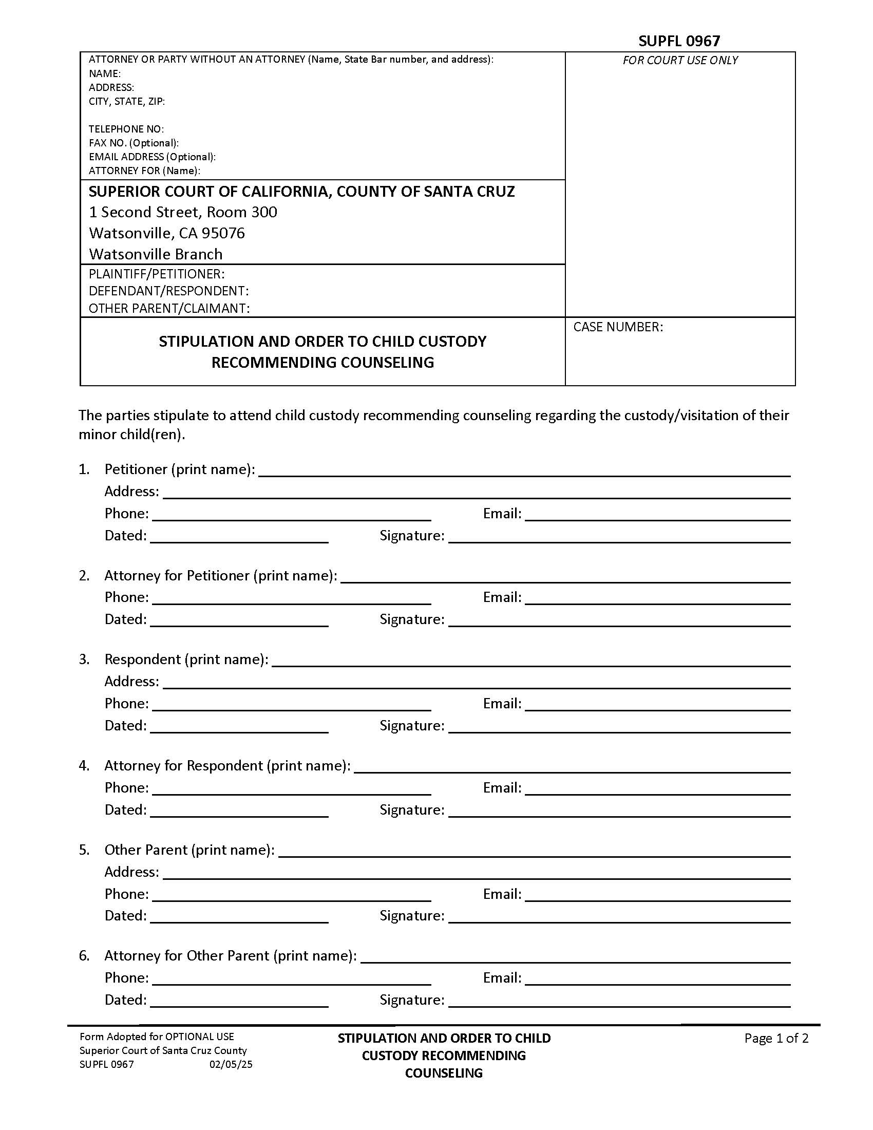 Stipulation And Order To Child Custody Recommending Counseling {SUPFL-967} | Pdf Fpdf Docx | California