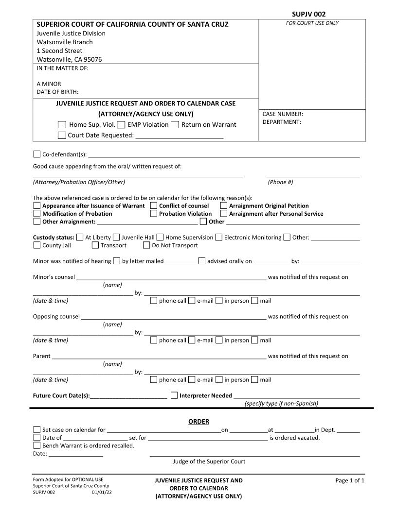 Juvenile Justice Request And Order To Calendar Case (Attorney-Agency Use Only) {SUPJV-002} | Pdf Fpdf Docx | California