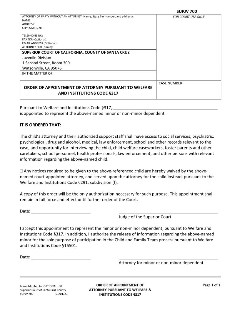 Order Of Appointment Of Attorney Pursuant To WIC 317 {SUPJV-700} | Pdf Fpdf Docx | California