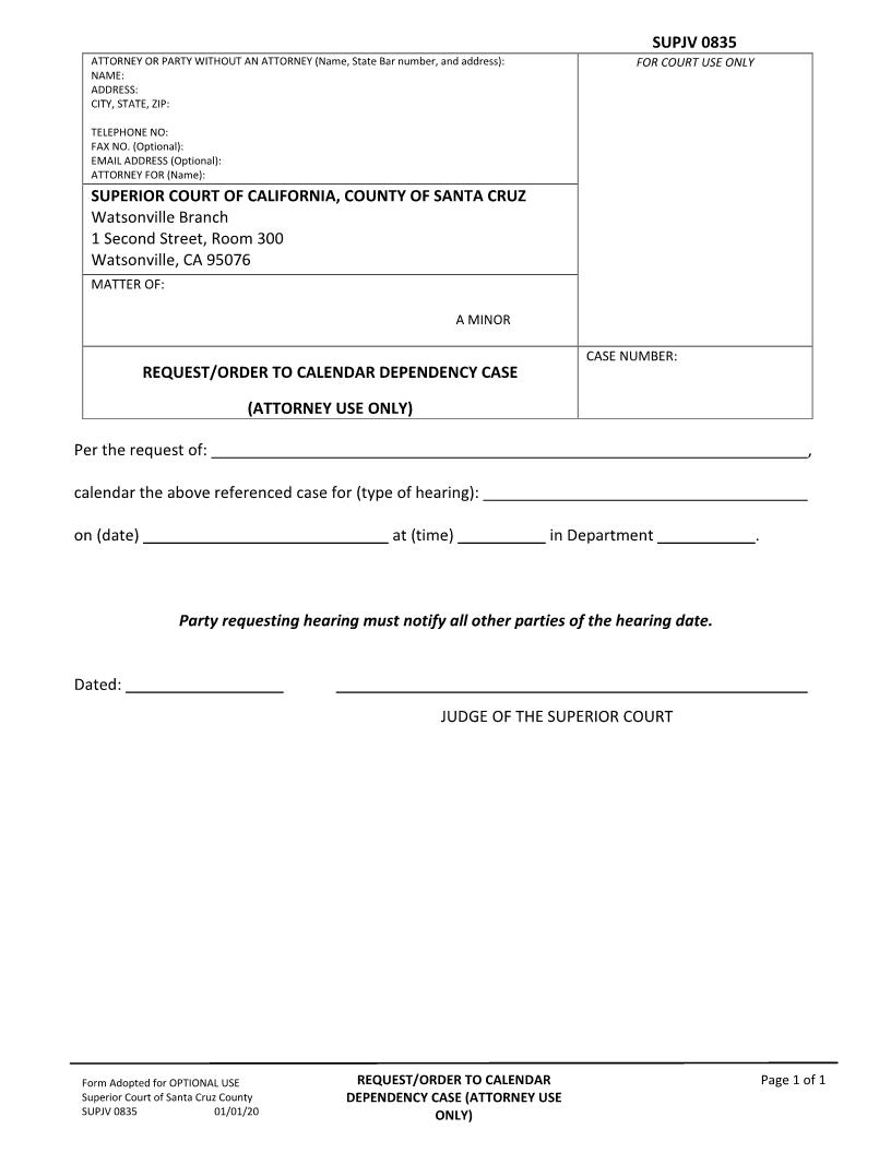 Request-Order To Calendar (Attorney-Agency Use Only) {SUPJV-835} | Pdf Fpdf Docx | California