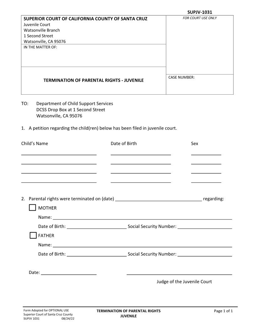 Termination Of Parental Rights-Juvenile {SUPJV-1031} | Pdf Fpdf Docx | California
