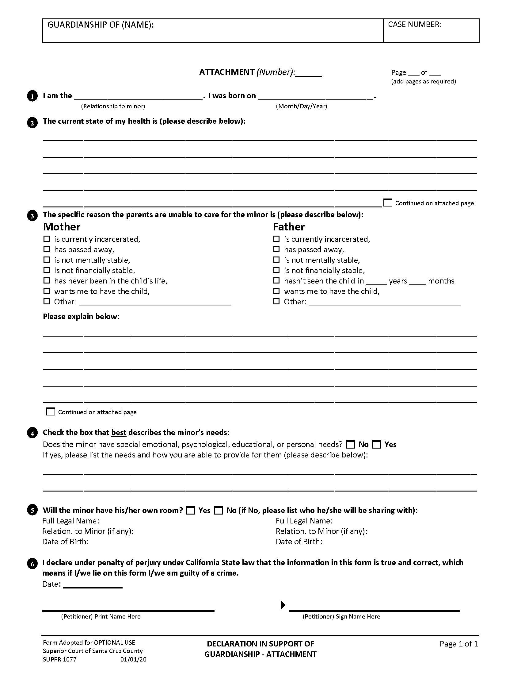 Attachment Declaration In Support Of Guardianship {SUPPR-1077} | Pdf Fpdf Docx | California