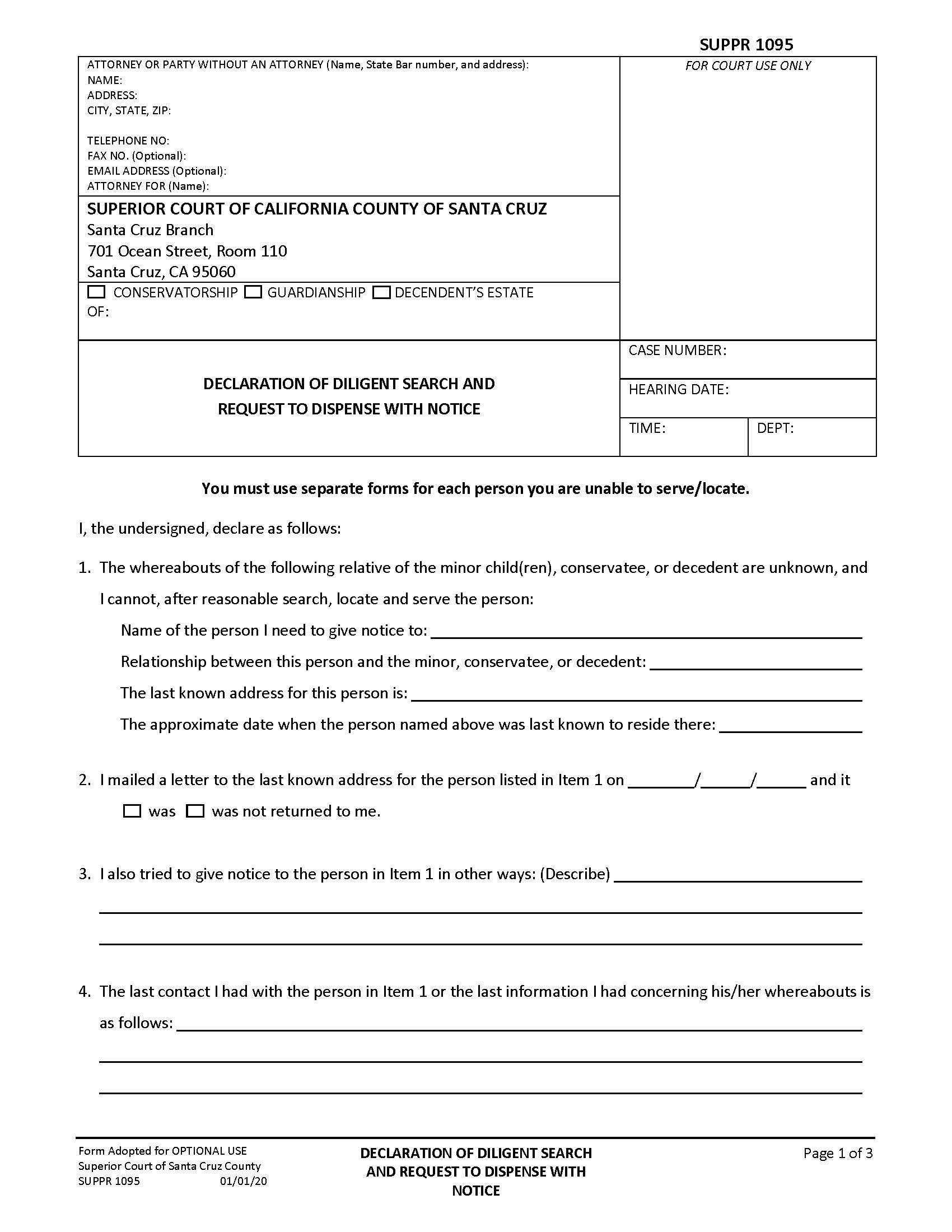 Declaration Of Diligent Search And Request To Dispense Notice {SUPPR-1095} | Pdf Fpdf Docx | California