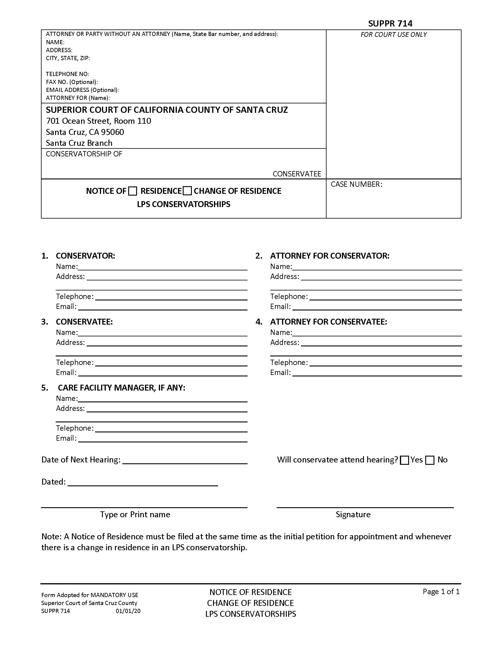 Notice Of Residence Change Of Residence LPS Conservatorships {SUPPR-714} | Pdf Fpdf Docx | California