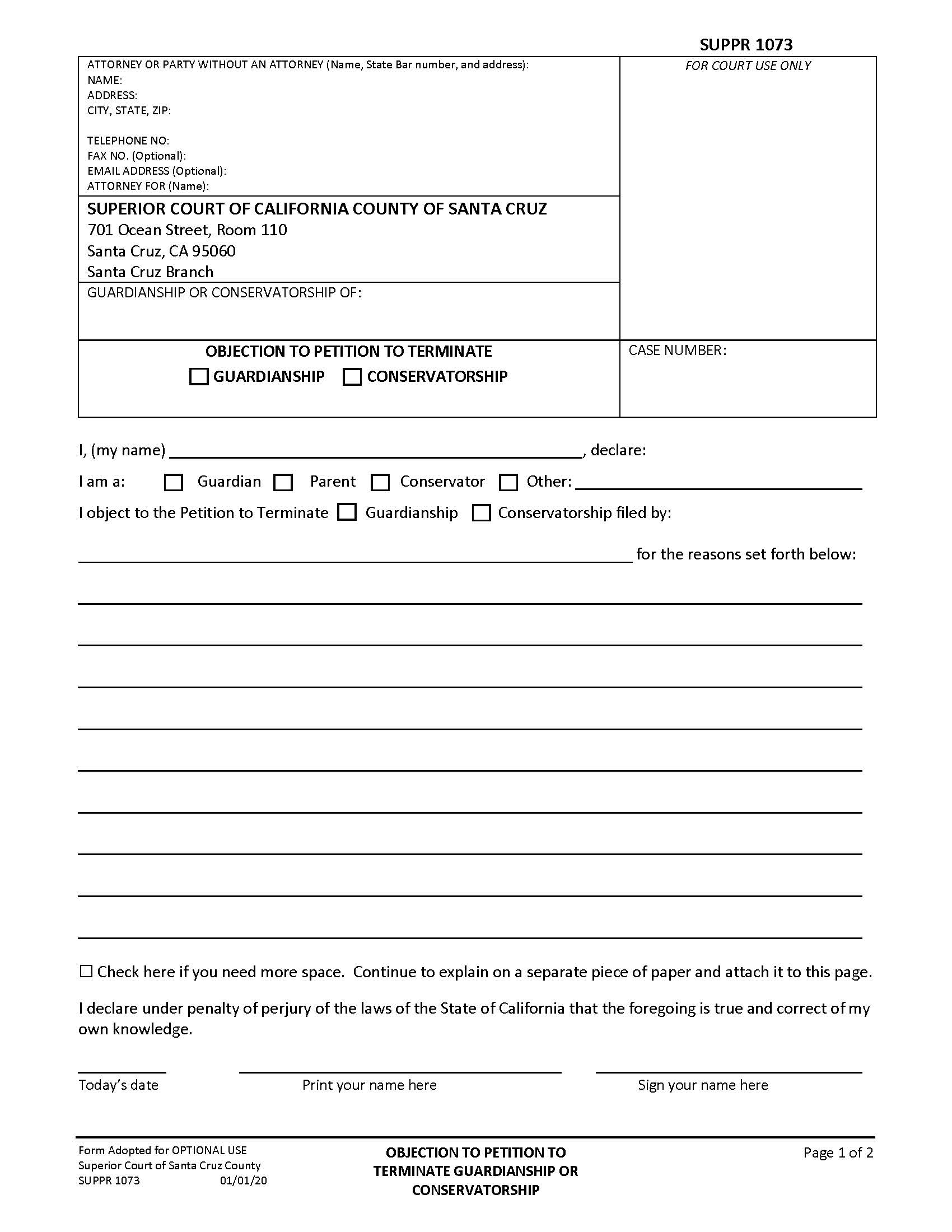Objection To Petition To Terminate Guardianship Or Conservatorship {SUPPR-1073} | Pdf Fpdf Docx | California