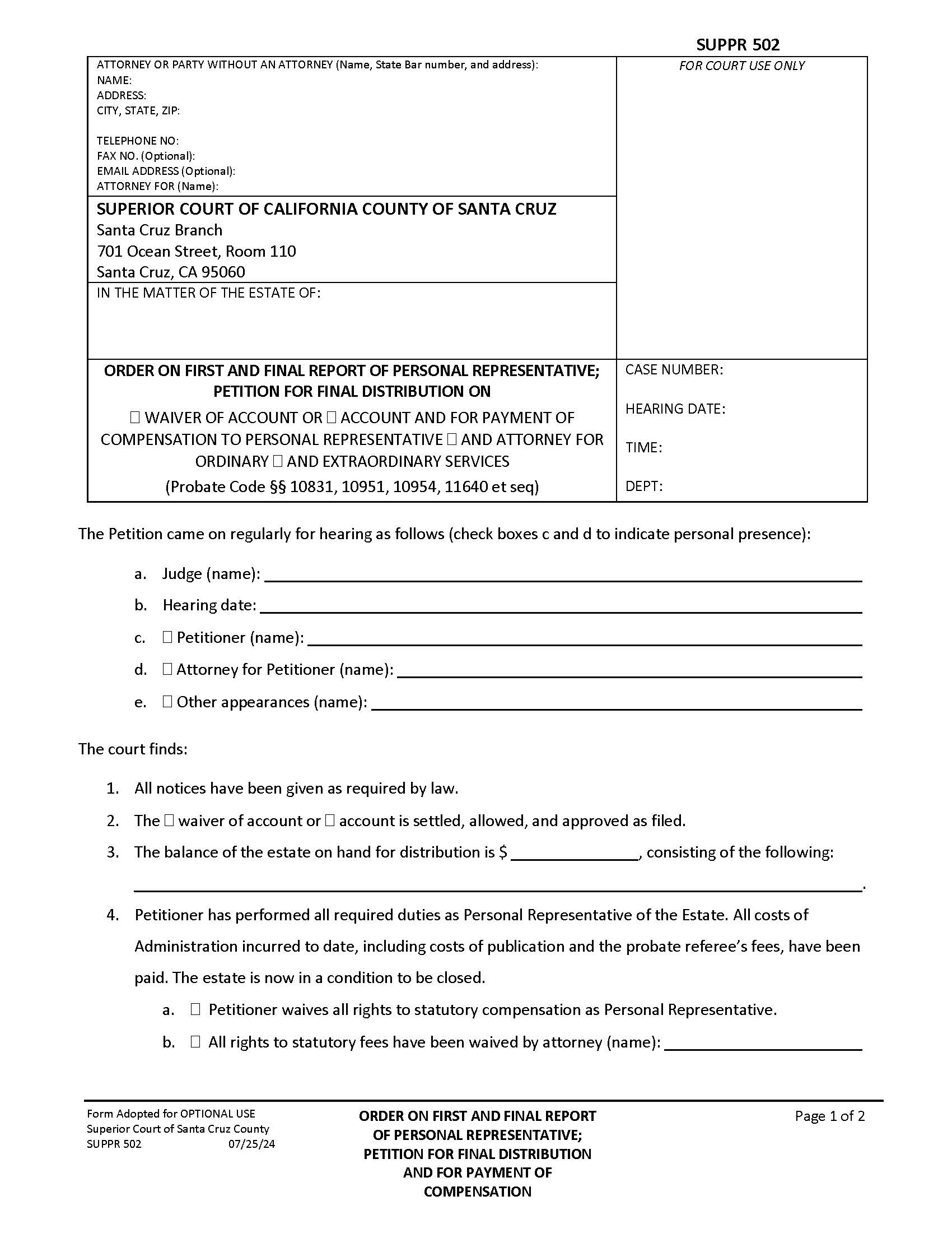 Order On First And Final Report Of Personal Representative {SUPPR-502} | Pdf Fpdf Docx | California