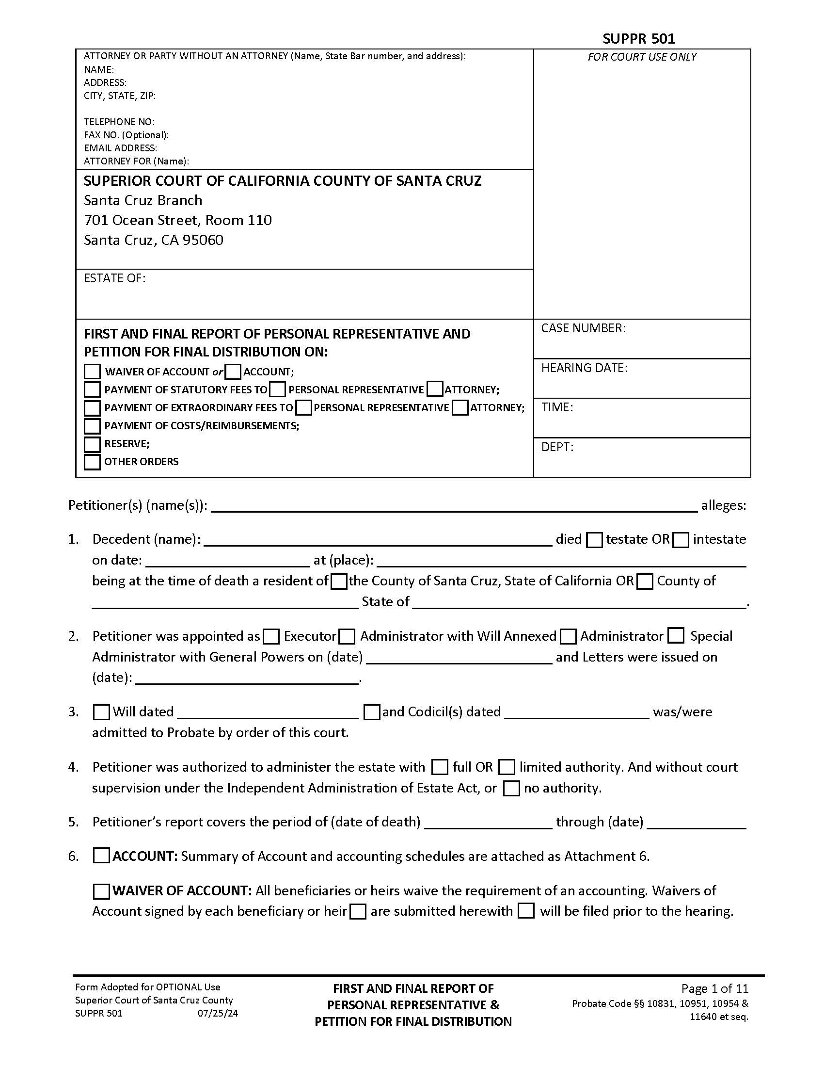 Petition For First And Final Report Of Personal Representative {SUPPR-501} | Pdf Fpdf Docx | California