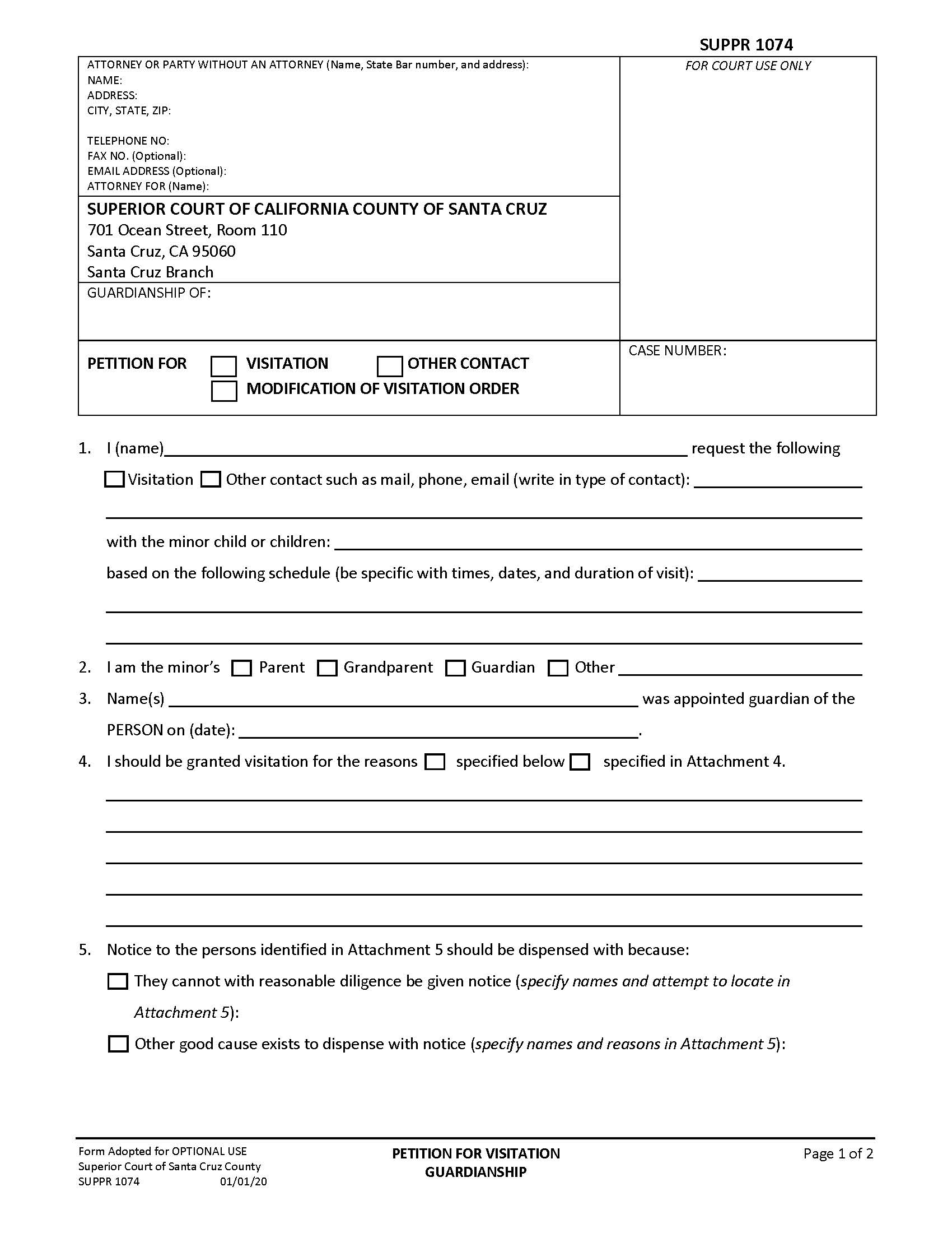 Petition For Visitation Guardianship {SUPPR-1074} | Pdf Fpdf Docx | California
