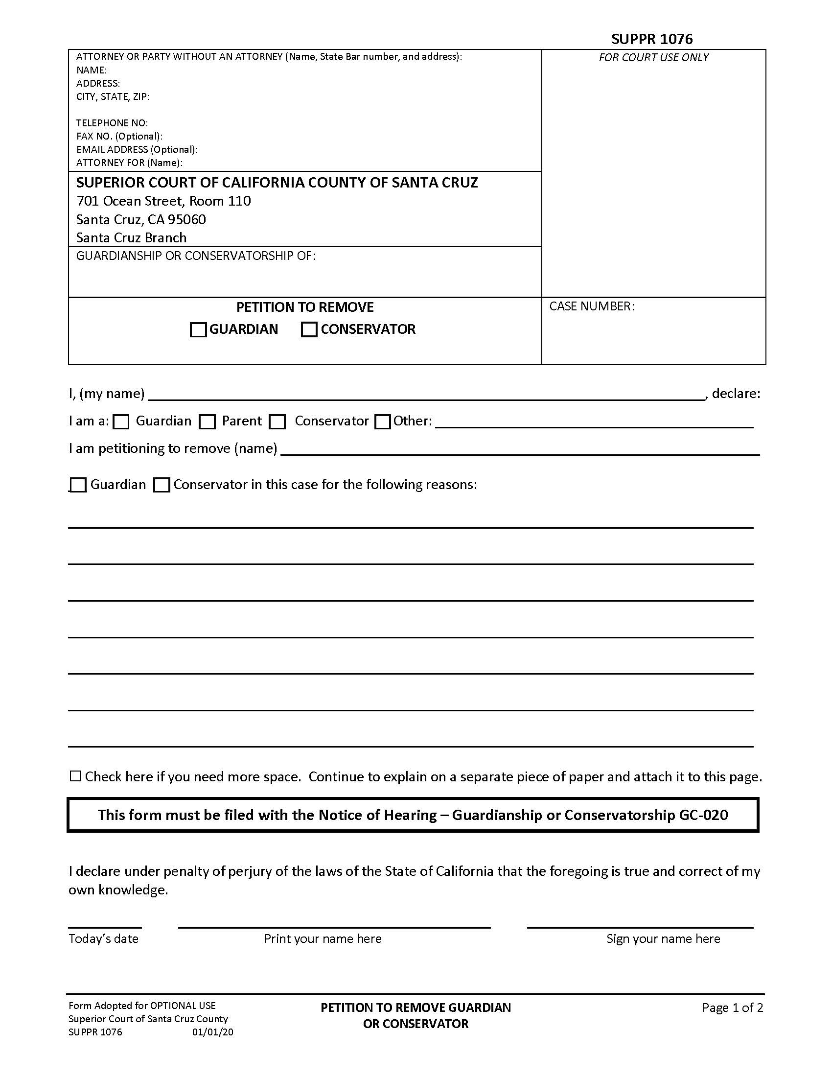 Petition To Remove Guardian Or Conservator {SUPPR-1076} | Pdf Fpdf Docx | California