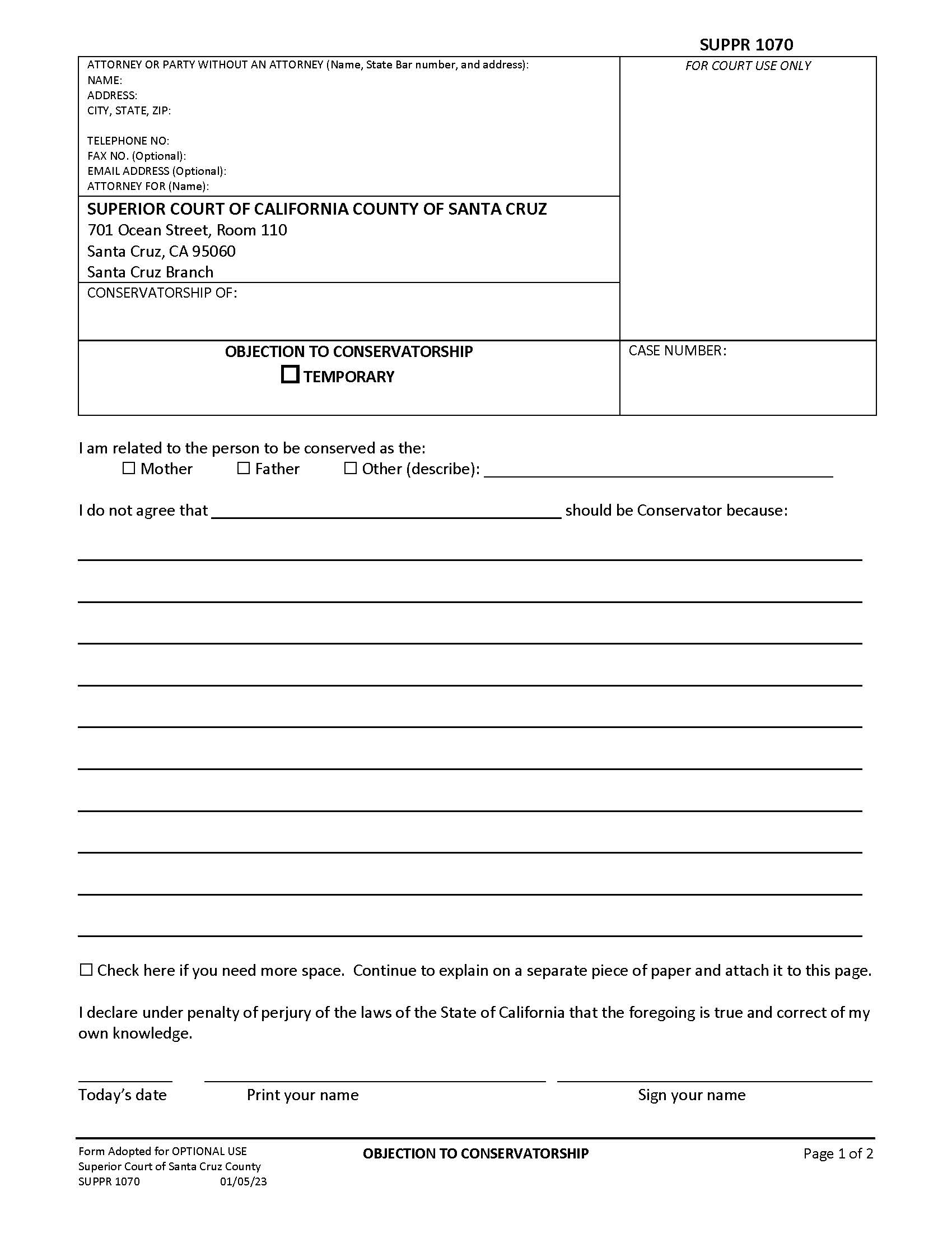 Pleading Objection To Conservatorship {SUPPR-1070} | Pdf Fpdf Docx | California