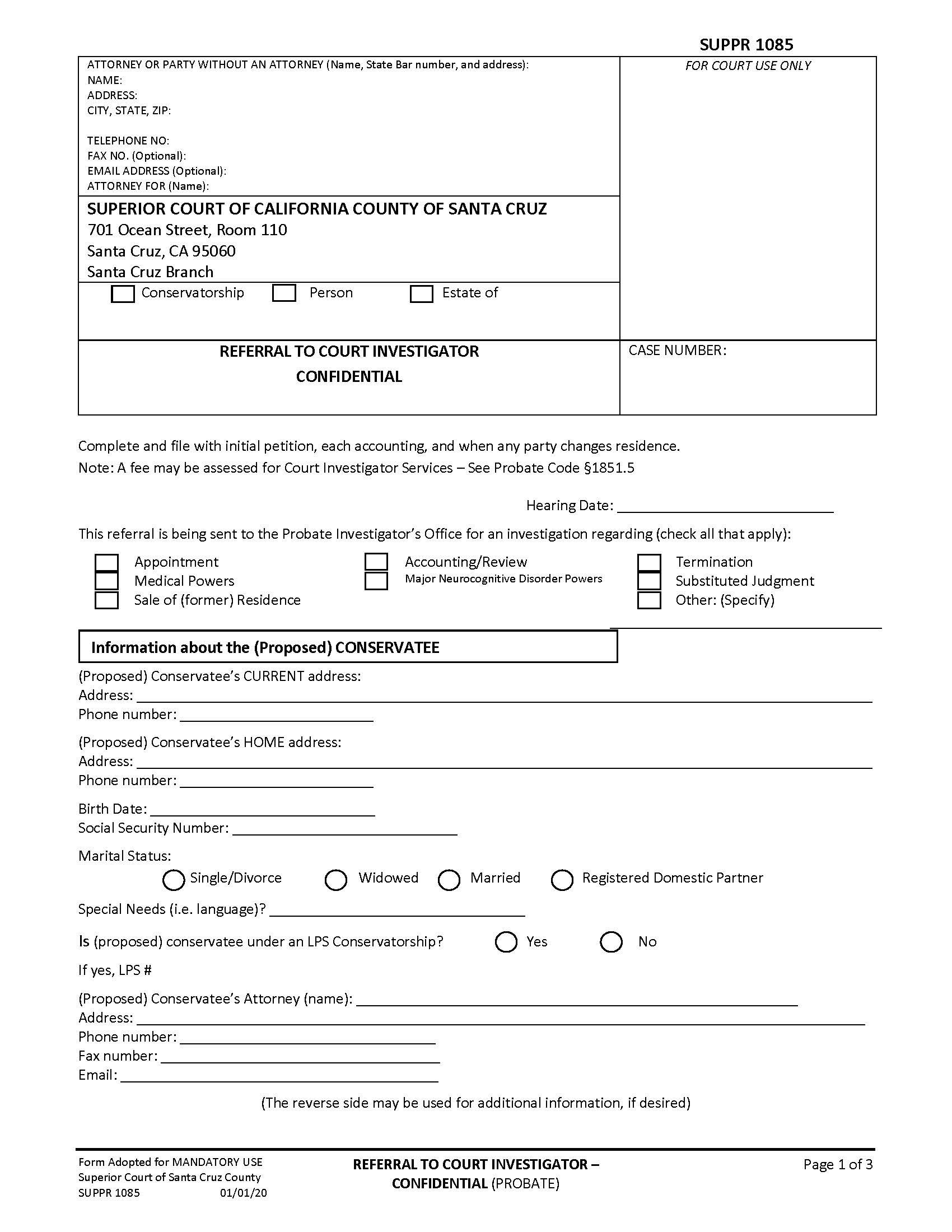 Referral To Court Investigator-Confidential {SUPPR-1085} | Pdf Fpdf Docx | California