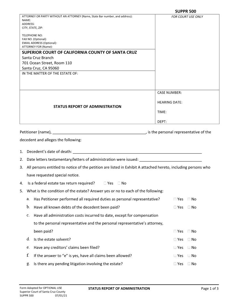 Status Report of Adminstration {SUPPR-500} | Pdf Fpdf Docx | California