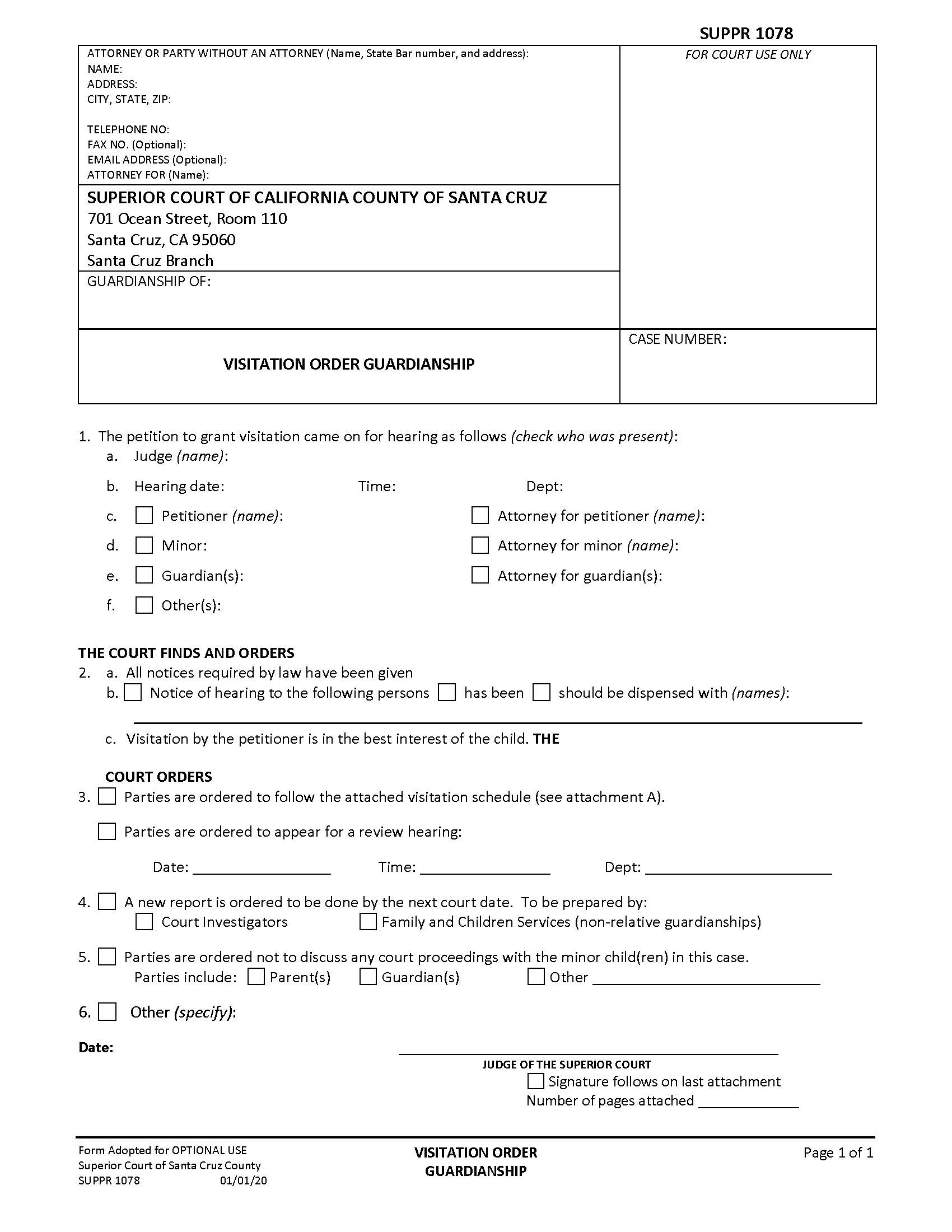 Visitation Order Guardianship {SUPPR-1078} | Pdf Fpdf Docx | California