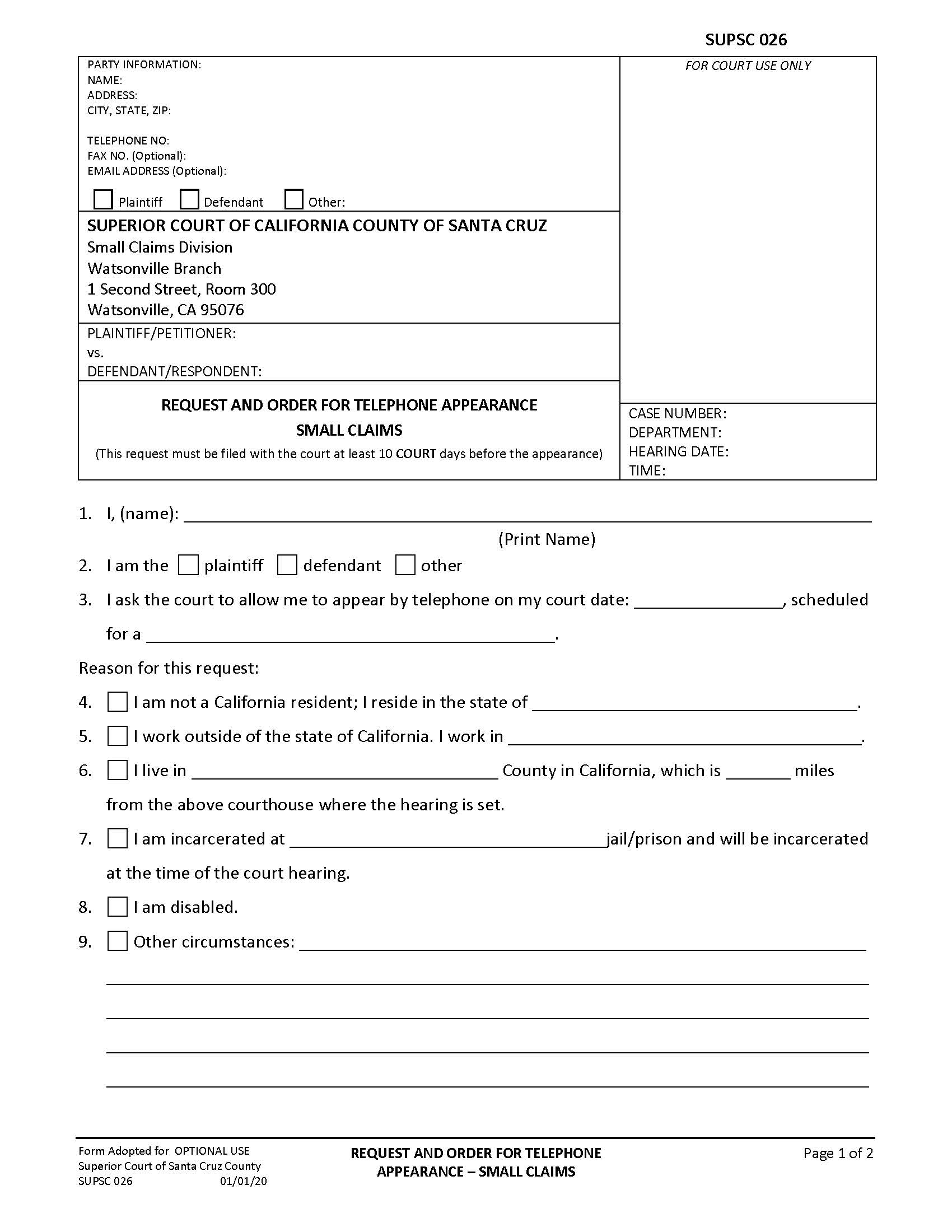 Request And Order For Telephone Appearance-Small Claims {SUPSC-026} | Pdf Fpdf Docx | California