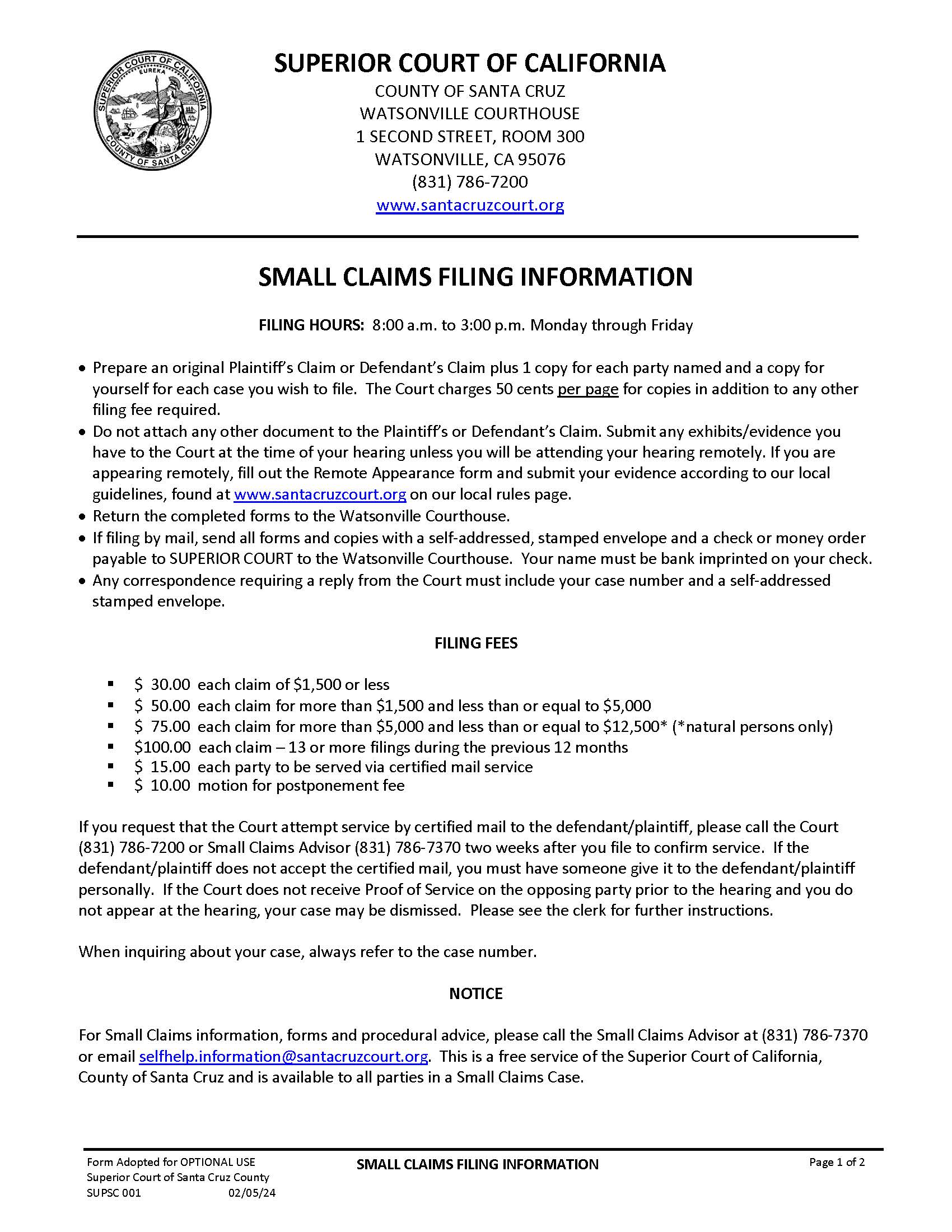 Small Claims Filing Information {SUPSC-001} | Pdf Fpdf Docx | California