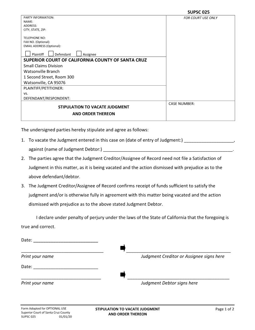 Stipulation To Vacate Judgment And Order Thereon {SUPSC-025} | Pdf Fpdf Docx | California