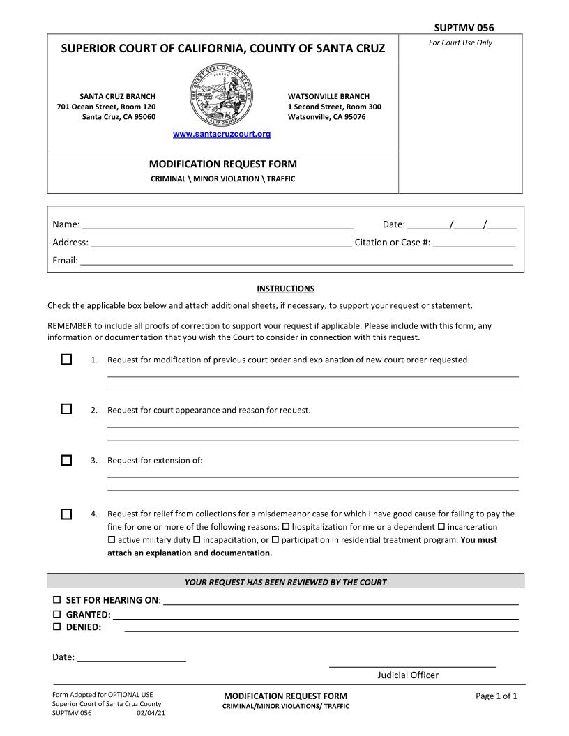 Modification Request Form Criminal-Minor Violation-Traffic {SUPTMV-056} | Pdf Fpdf Docx | California