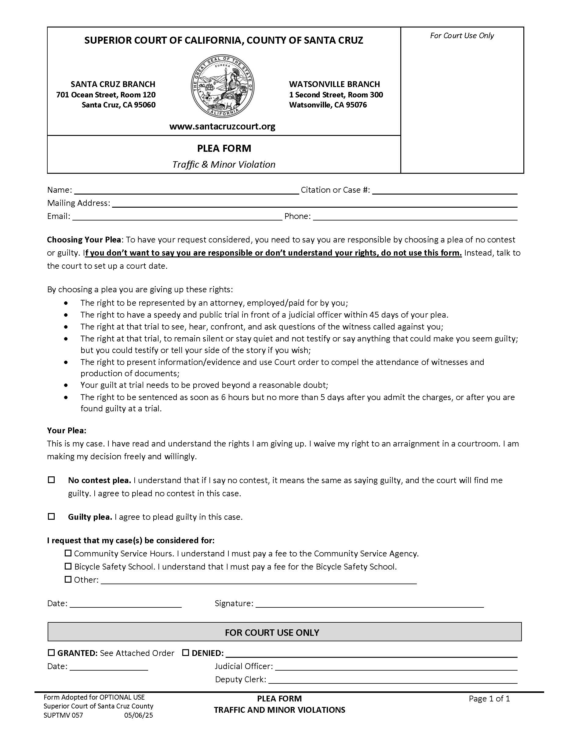 Plea Form Traffic And Minor Violation {SUPTMV-057} | Pdf Fpdf Docx | California