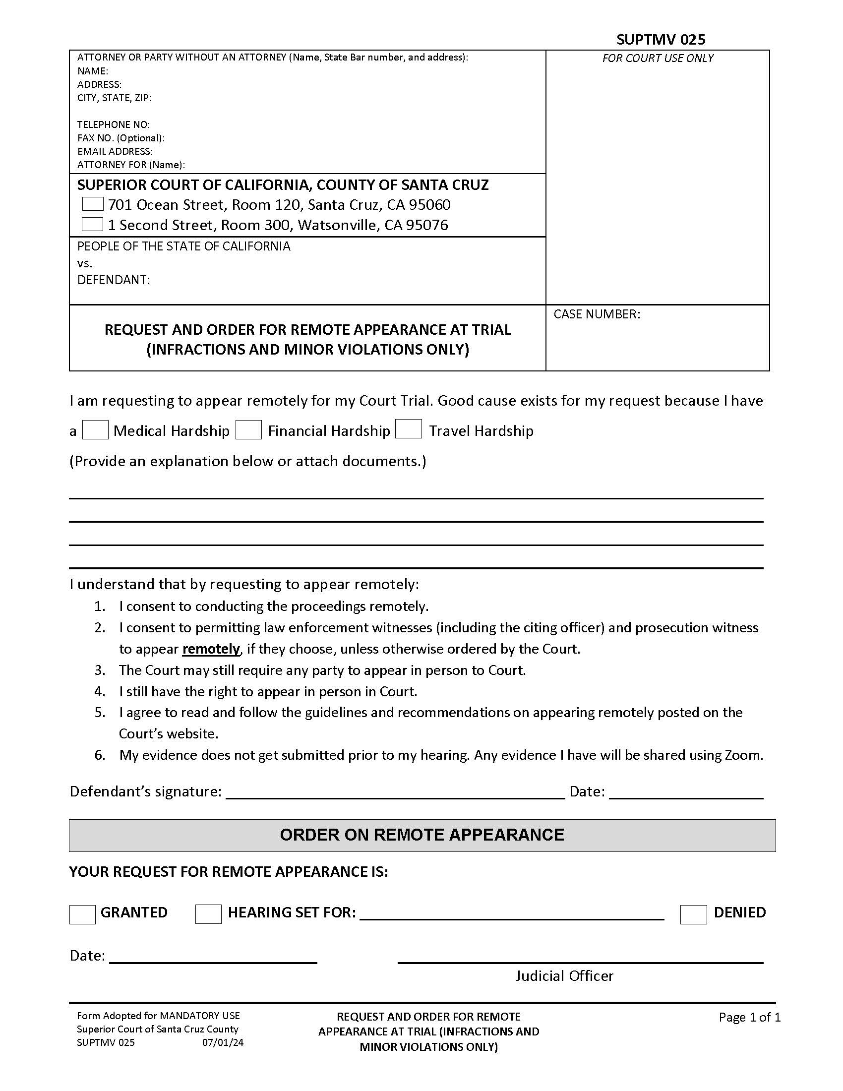 Request And Order For Remote Appearance At Trial (Infractions And Minor Violations) {SUPTMV-025} | Pdf Fpdf Docx | California
