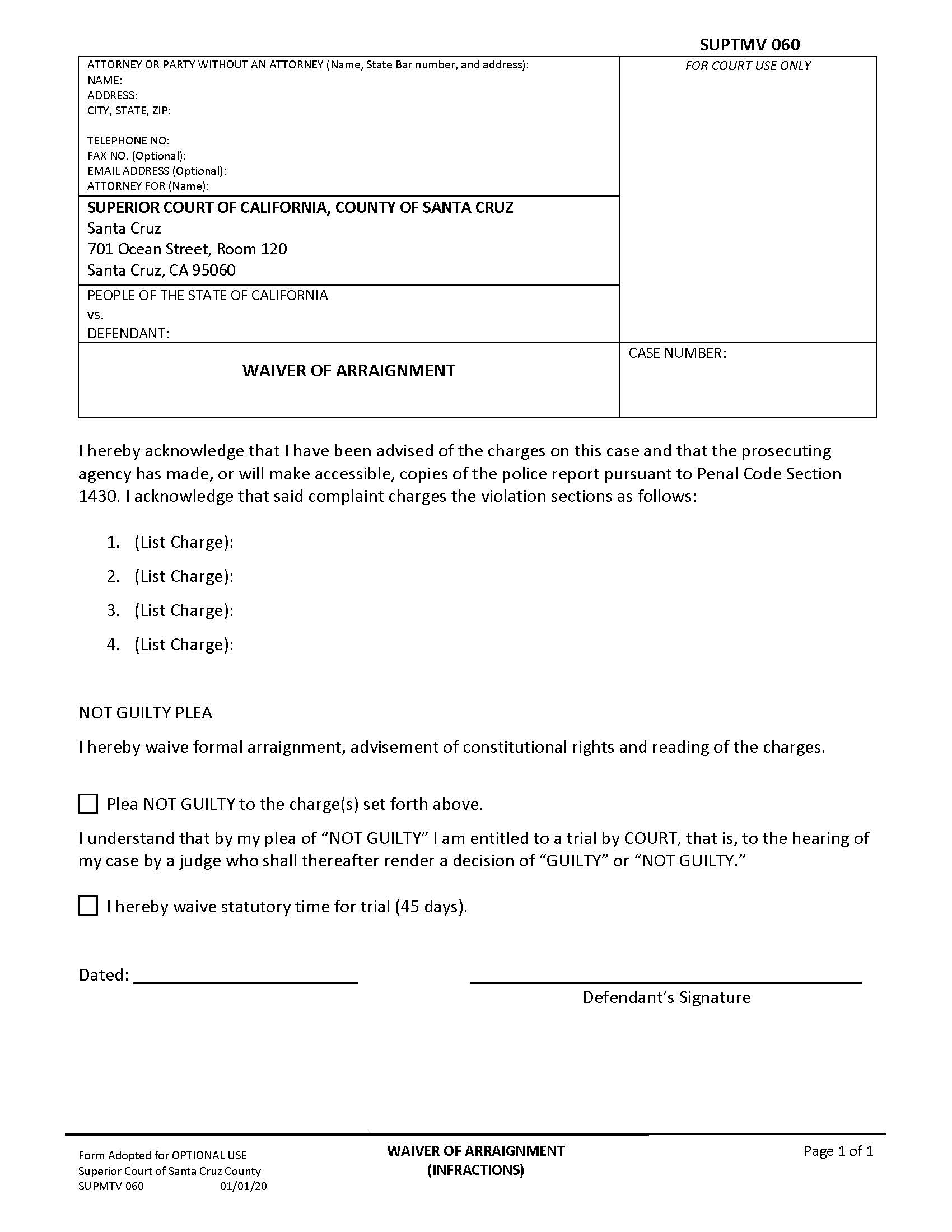 Waiver Of Arraignment {SUPTMV-060} | Pdf Fpdf Docx | California