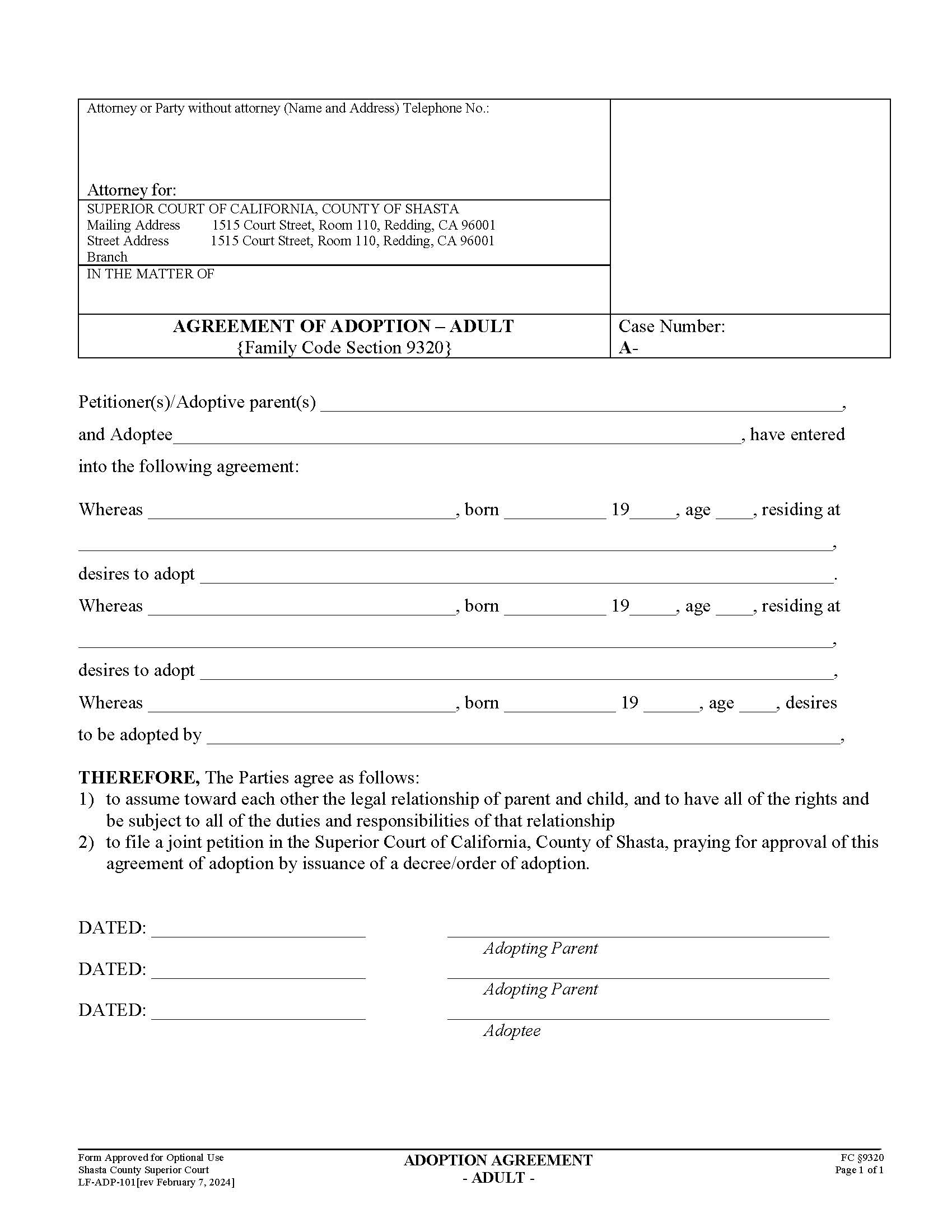 Agreement Of Adoption-Adult {LF-ADP-101} | Pdf Fpdf Doc Docx | California