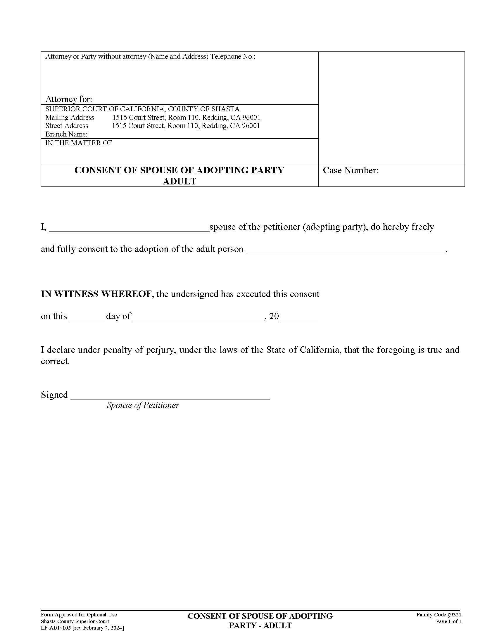 Consent Of Spouse Of Adopting Party Adult {LF-ADP-105} | Pdf Fpdf Doc Docx | California