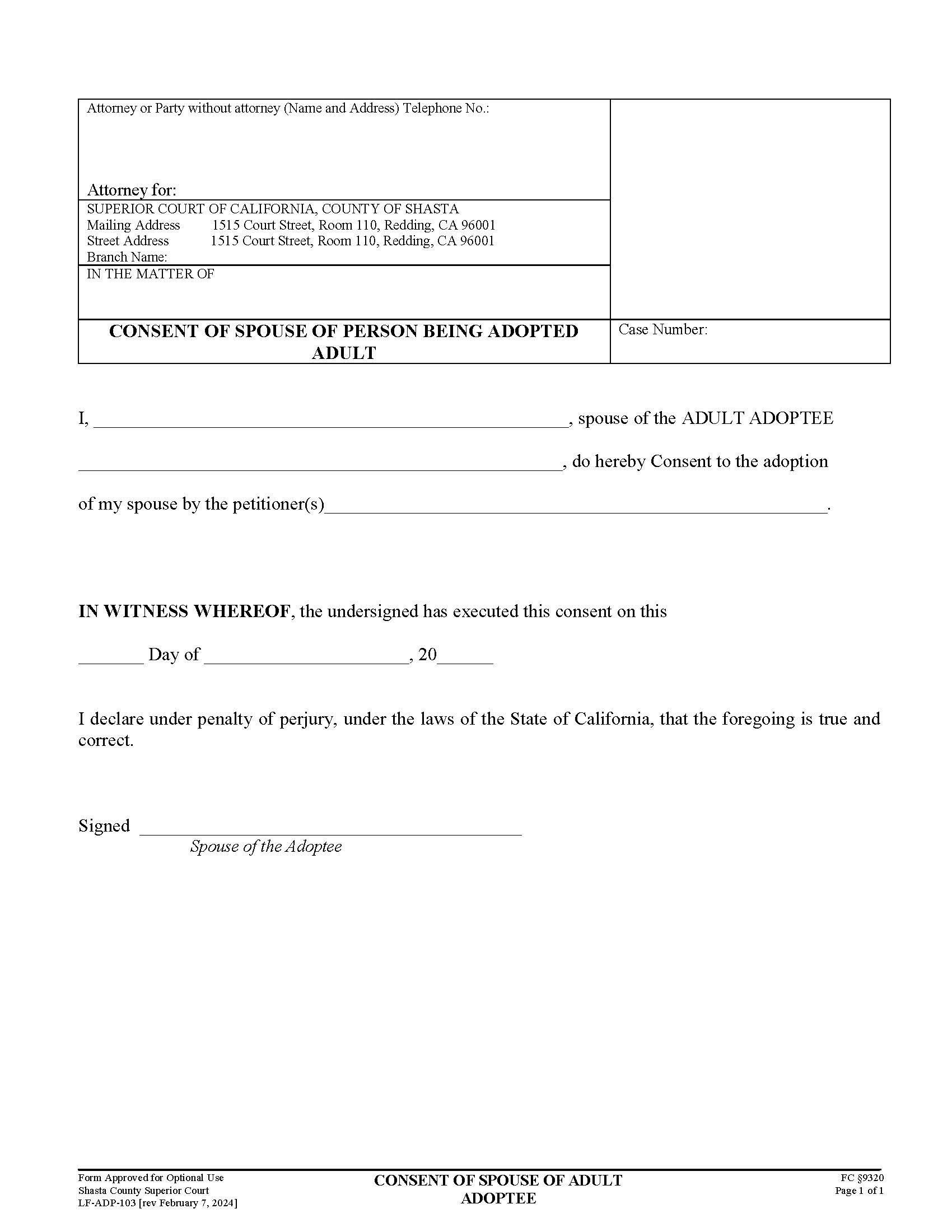 Consent Of Spouse Of Person Being Adopted Adult {LF-ADP-103} | Pdf Fpdf Doc Docx | California