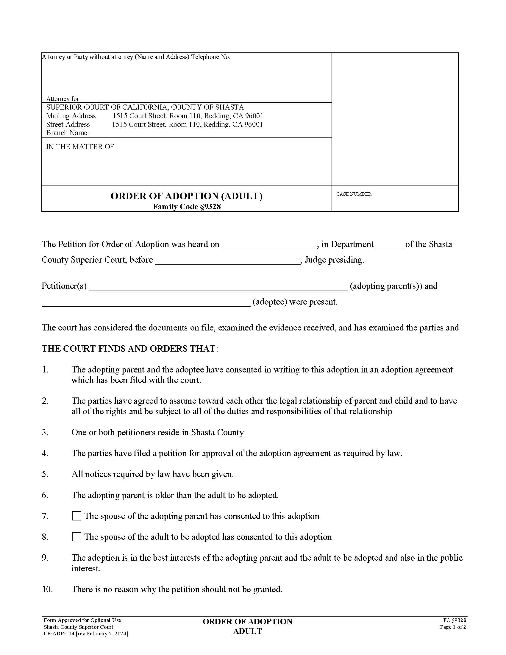 Order Of Adoption (Adult) {LF-ADP-104} | Pdf Fpdf Doc Docx | California