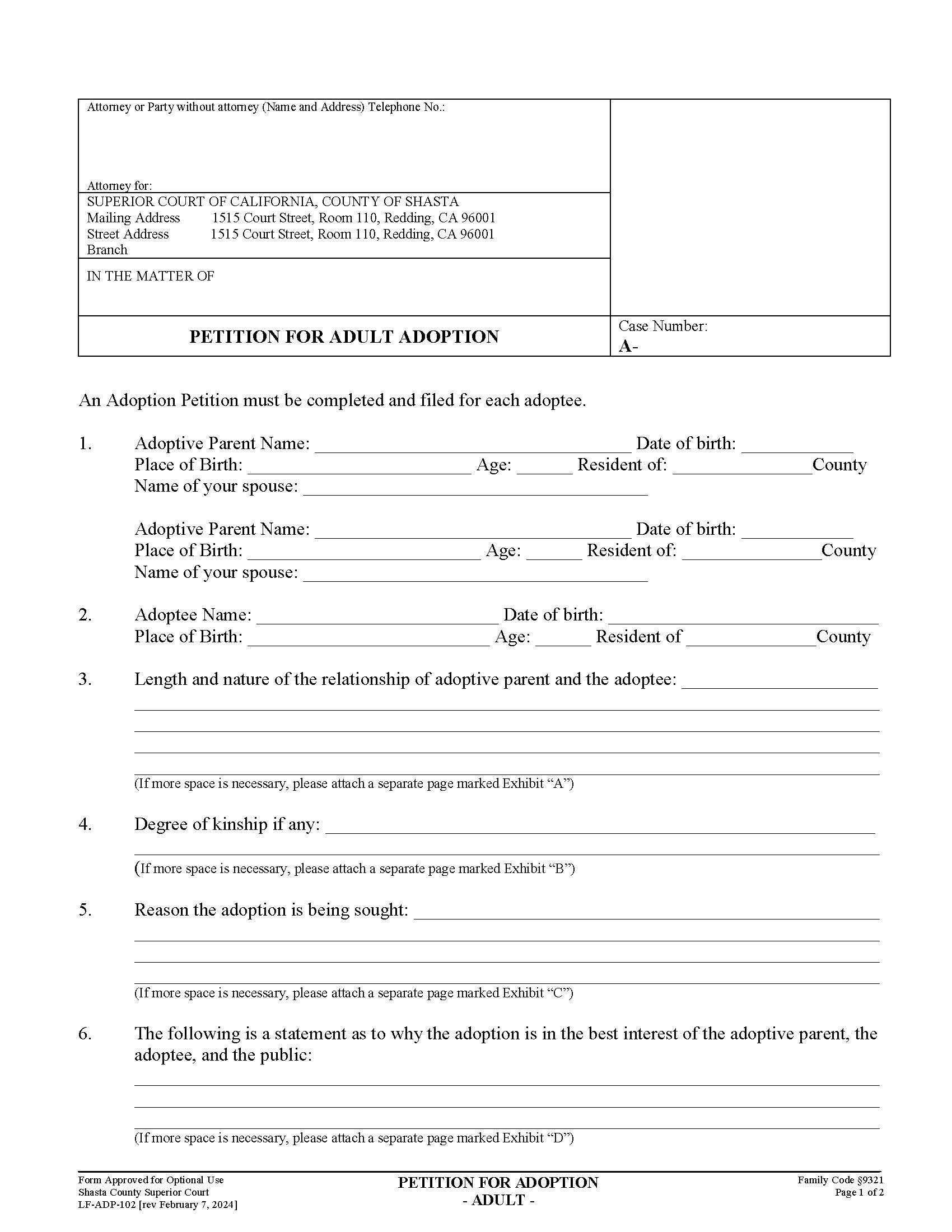 Petition For Adult Adoption {LF-ADP-102} | Pdf Fpdf Doc Docx | California