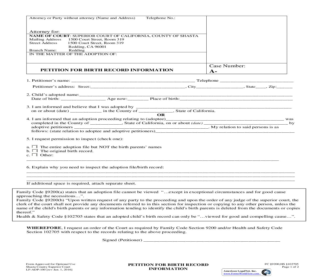 Petition For Birth Record Information {LF-ADP-100} | Pdf Fpdf Doc Docx | California