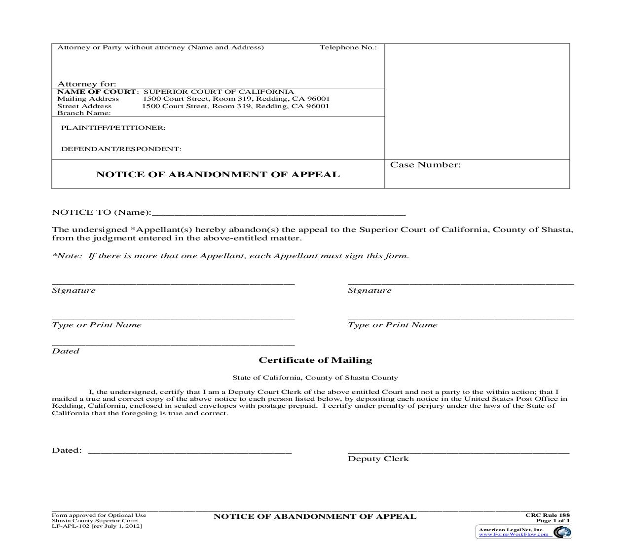 Notice Of Abandonment Of Appeal {LF-APL-102} | Pdf Fpdf Doc Docx | California