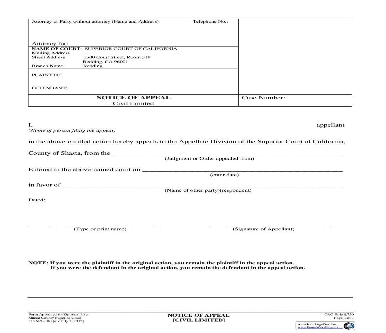 Notice Of Appeal (Civil Limited) {LF-APL-100} | Pdf Fpdf Doc Docx | California