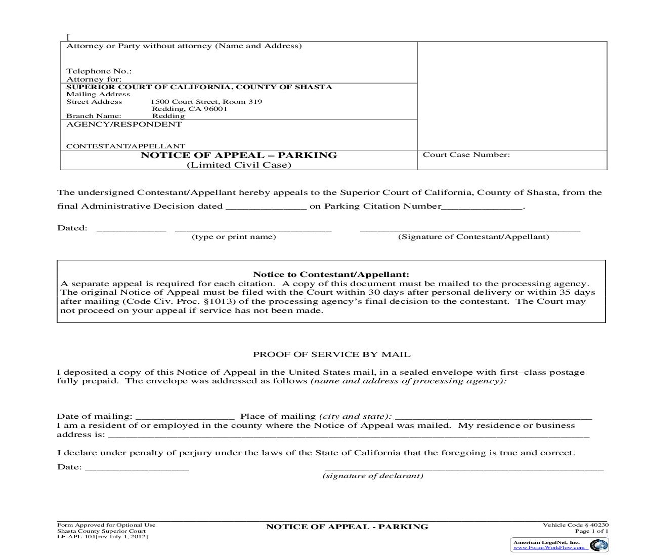 Notice Of Appeal-Parking {LF-APL-101} | Pdf Fpdf Doc Docx | California