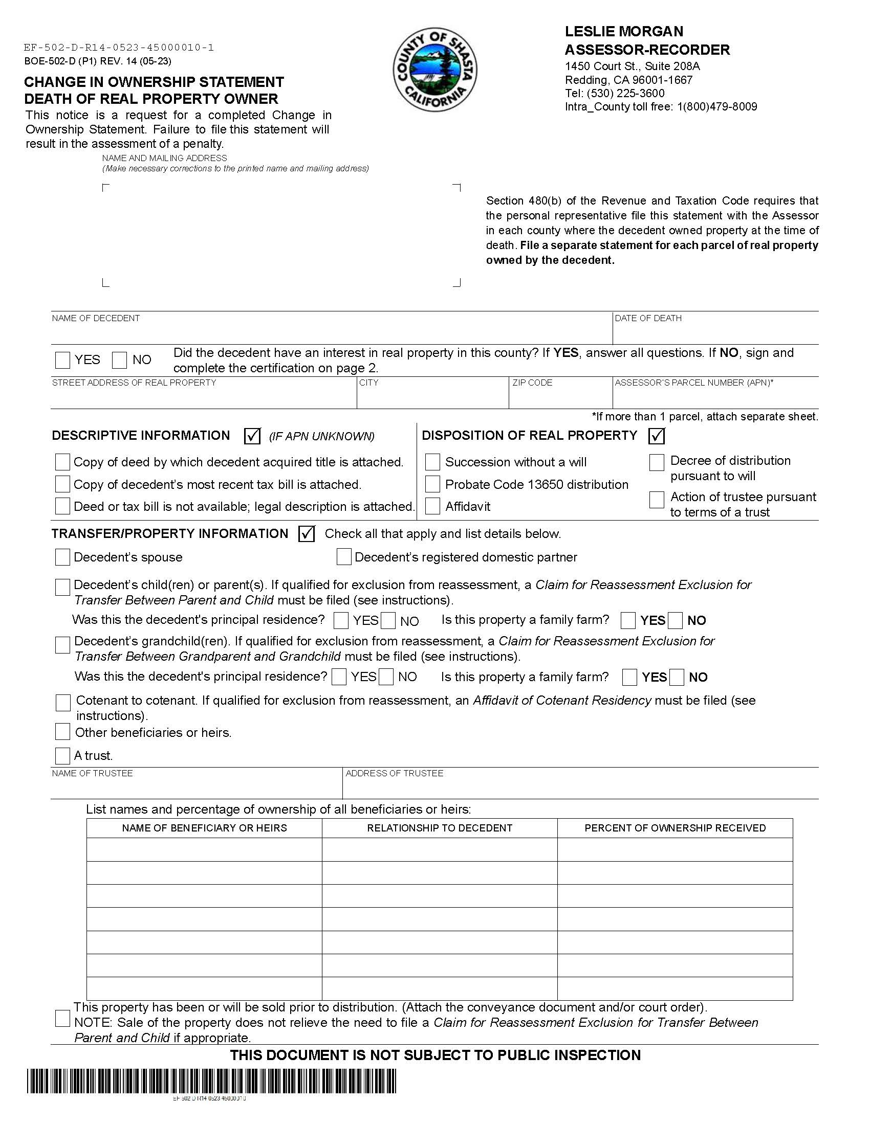 Change In Ownership Statement Death Of Real Property Owner (Shasta County) {BOE-502-D} | Pdf Fpdf Docx | California