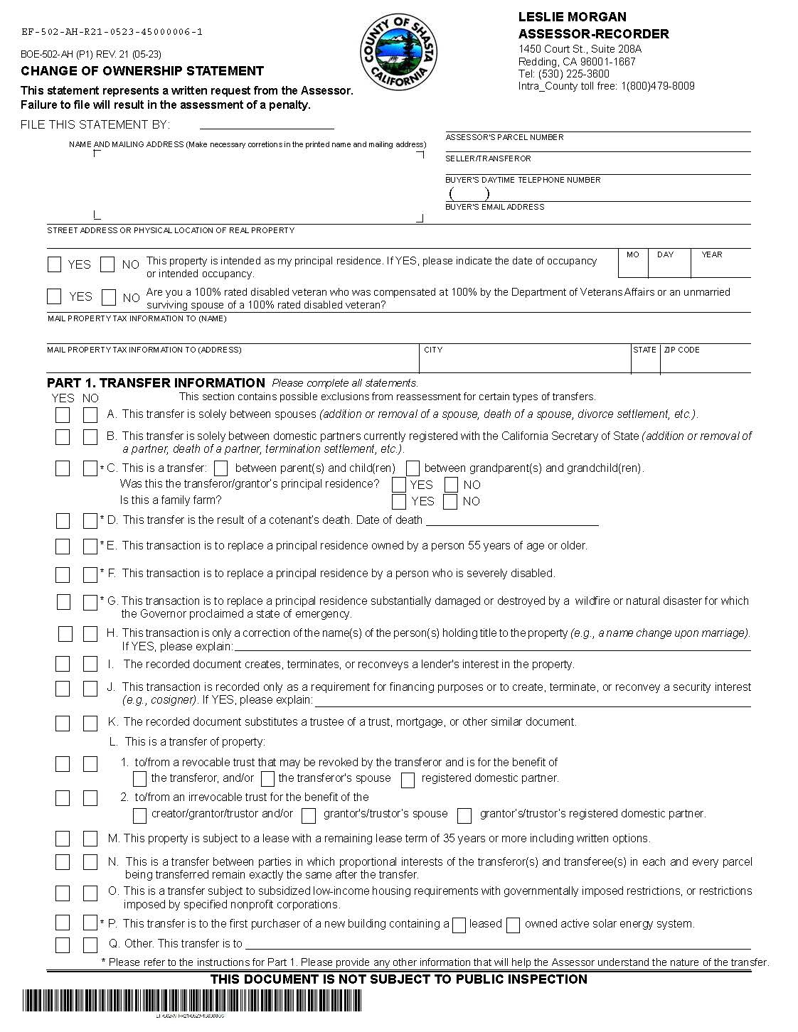 Change Of Ownership Statement (Shasta County) {BOE-502-AH} | Pdf Fpdf Doc Docx | California