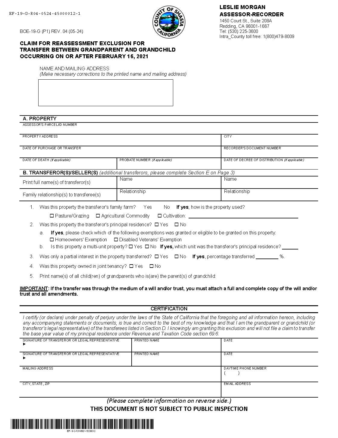 Claim For Reassessment Exclusion For Transfer Between Grandparent And Grandchild (Shasta County) {BOE-19-G} | Pdf Fpdf Docx | California